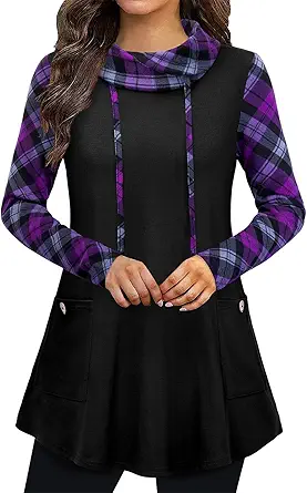 Bulotus Fall Sweaters for Women 2025 Cowl Neck Asymmetrical Long Tunics for Leggings Vacation Travel Tops with Pockets