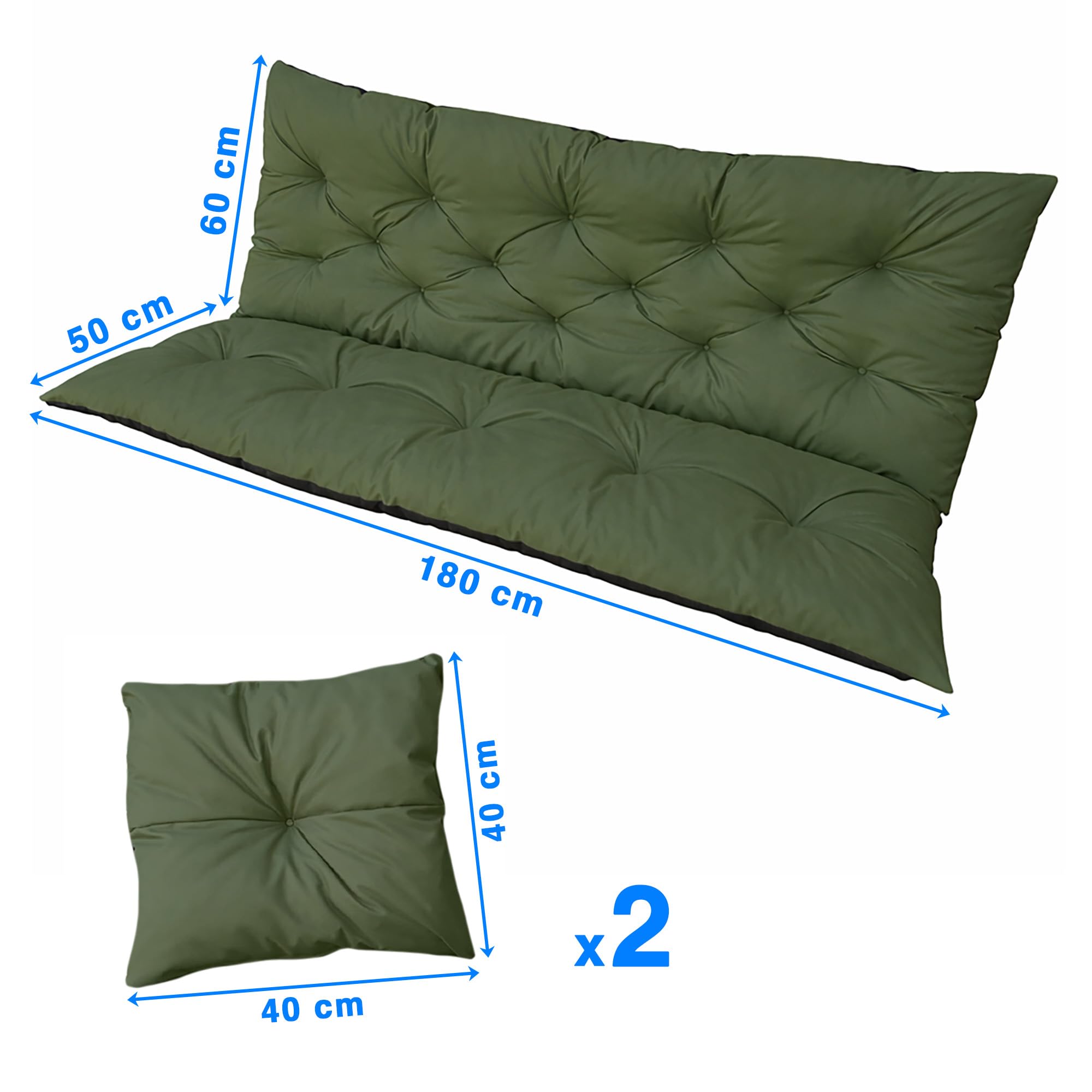 Hollywoodschaukel Auflage 180x60x50 cm Grün | Wasserdicht, Inkl. 2 kleine Kissen, Bankauflage, Gartenmöbel Sitzkissen
