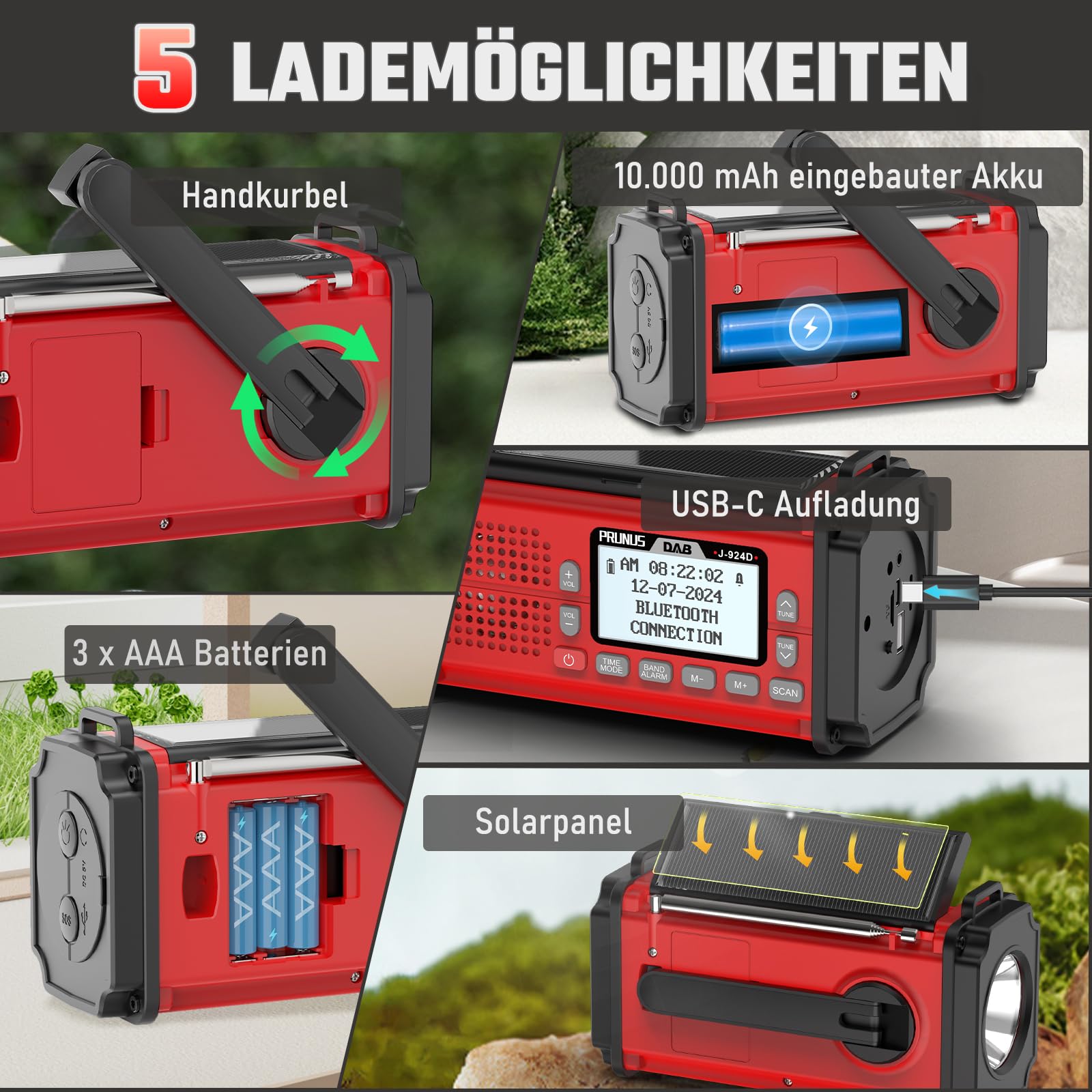 PRUNUS J-924D Digital Radio DAB+/UKW, Kurbelradio Notfall mit 10000mAh Akku, DAB Radio mit Bluetooth, Notfallradio mit Taschenlampe/SOS Alarm/Handyladefunktion für Ourdoor, Notfall (Rot)