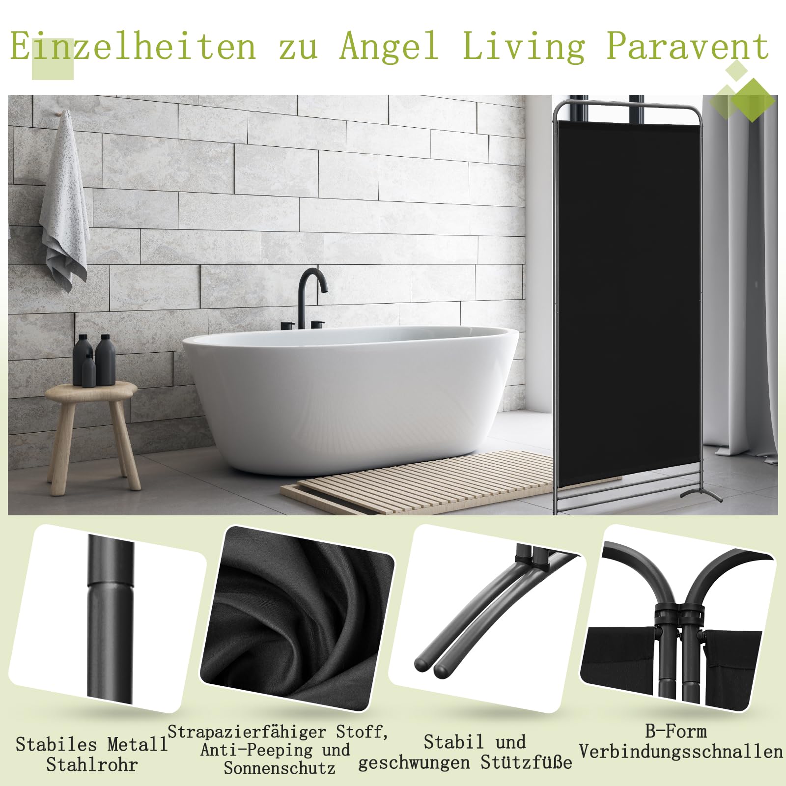 Angel Living Paravent 1 Teilig Klappbar Raumteiler Freistehend Sichtschutzwand Raumteiler Stellwand Trennwand Sichtschutz für Büros, Balkon,Schlafzimmer,Außengarten,81 x 180cm Schwarz