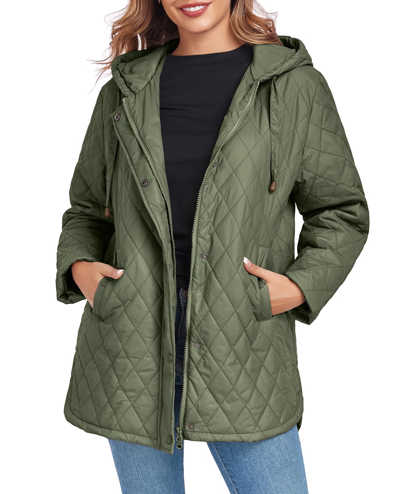Vidifid Womens Oversized Quilted Jackets Lightweight Long Sleeve Full Zipper Puffer Jacket Casual Hooded Coats with Pockets