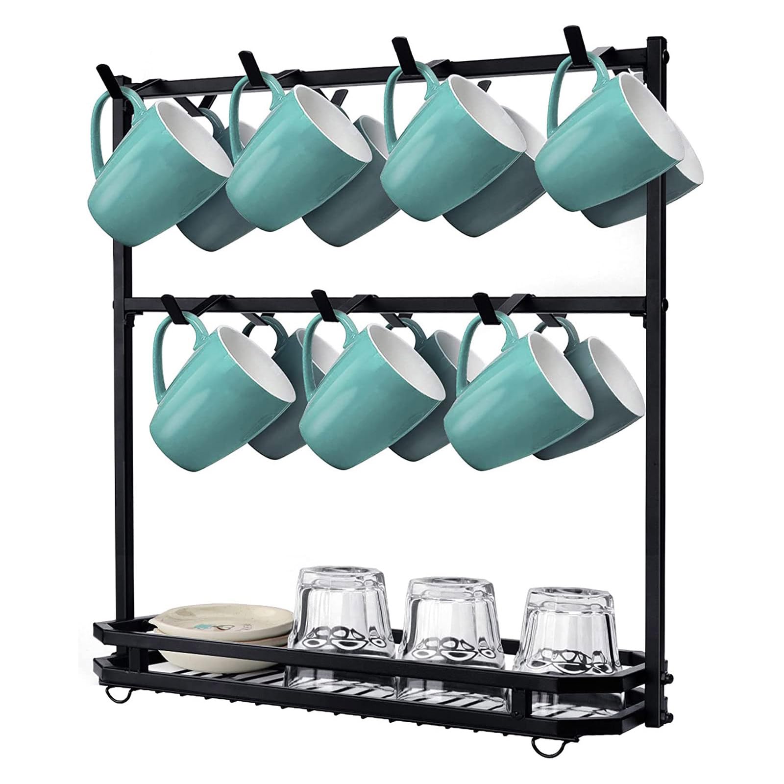 1Set Coffee Mug Holder, 2-Tier Countertop Cup Tree Stand With 14 Hooks, Metal Mug Rack Shelf With Storage Base, Cups Mugs Display Storage Organizer Coffees Station For Kitchen Counter Tea Ba-r
