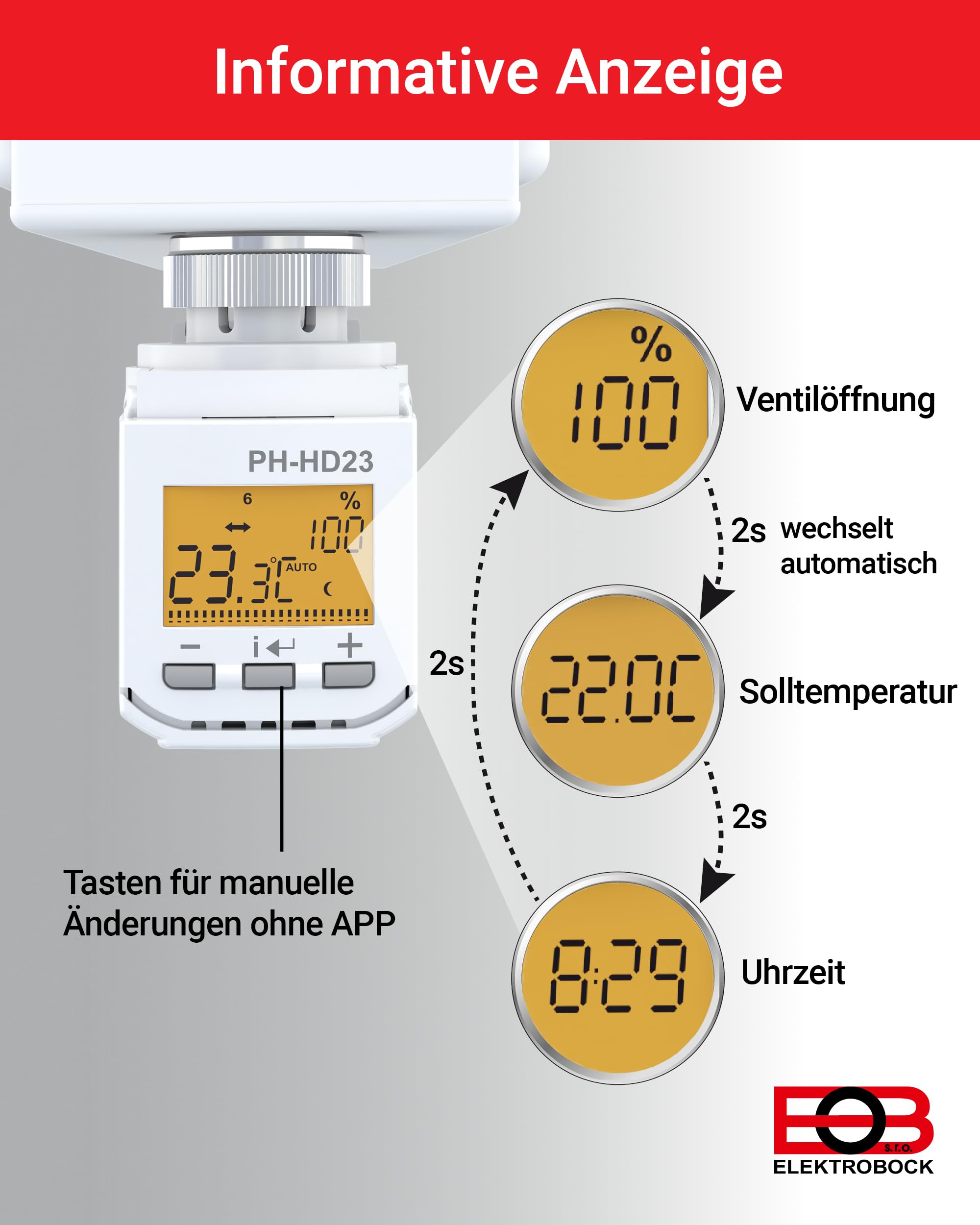 ELEKTROBOCK PH-Starter Pack 2 - Heizungssteuerung per App - 3 Heizkörperthermostate mit Gateway und Display - Smart Home - Boost-Funktion - Einfache Installation, Weiß