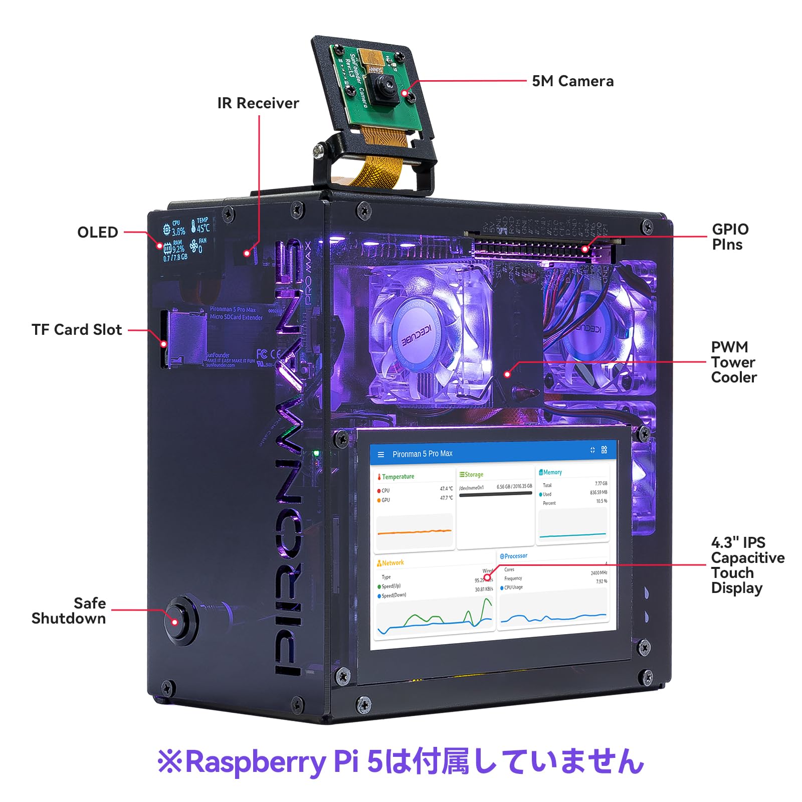 Amazon.co.jp: Raspberry Pi 5 用 ミニPCケース Pironman 5 Pro Max