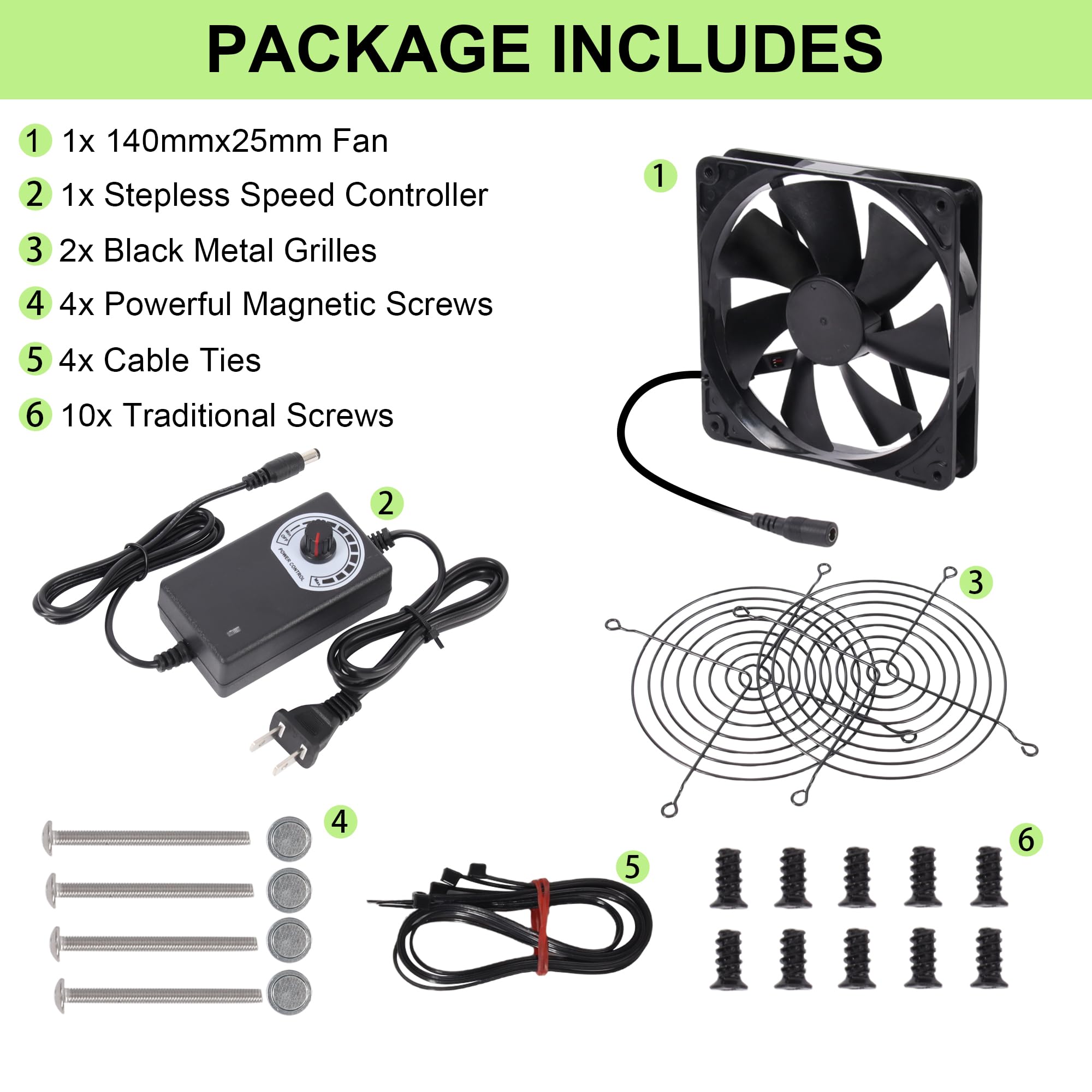 Ventilateur de refroidissement pour ordinateur avec vis magnétiques et vitesse réglable - Flexible pour armoire, serveur, plate-forme minière, poulailler et plus encore - 140 mm x 25 mm