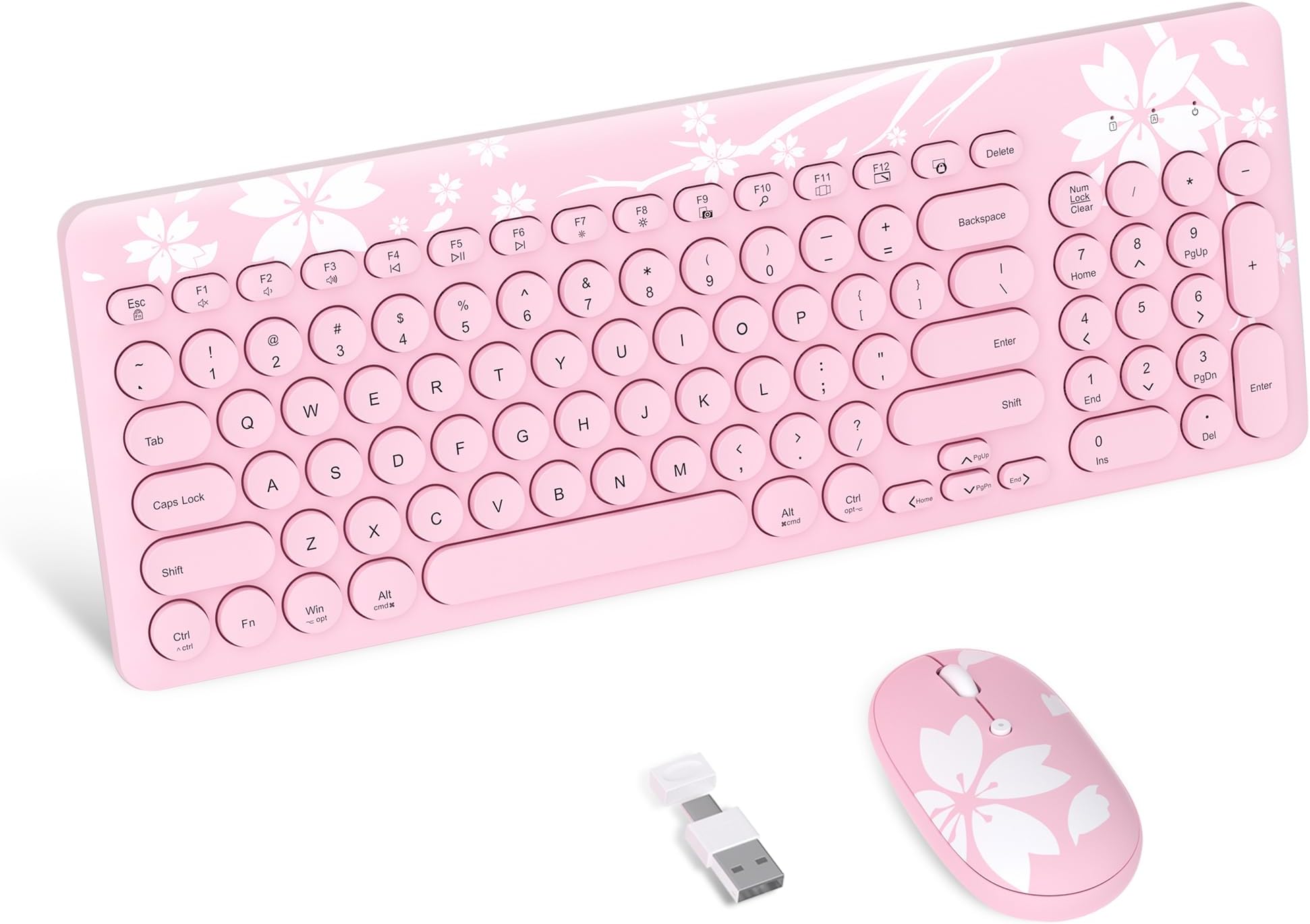 Mytrix Sakura Wireless Keyboard and Mouse Combo, Cute Pink Retro Typewriter Round Keys, 2.4G USB & Typc-C Receiver Slim Keyboard Mouse Set with Numeric Keypad for Computer, Laptop, Desktops, PC, Mac