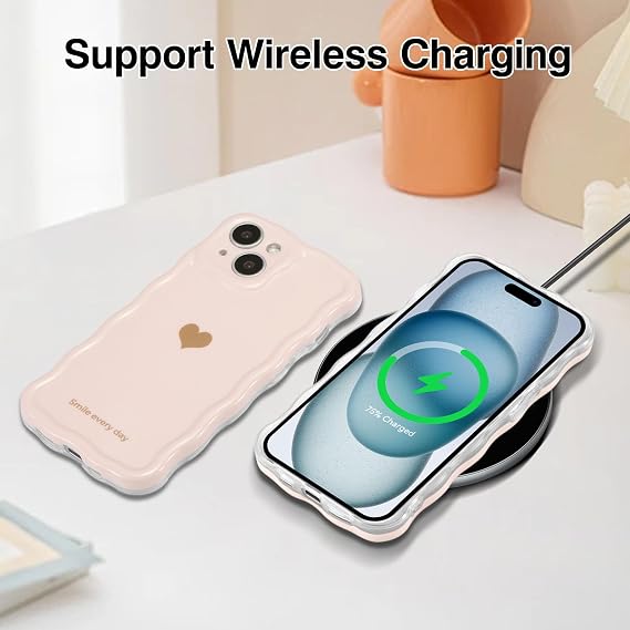 QLTYPRI iPhone 15用ケース、かわいいカーリーウェーブフレームラブハートデザインラグジュアリーフォンケース、女性用ガールズ、フルカメラレンズ保護バンパーソフトシリコン耐衝撃カバー-ライトピンク