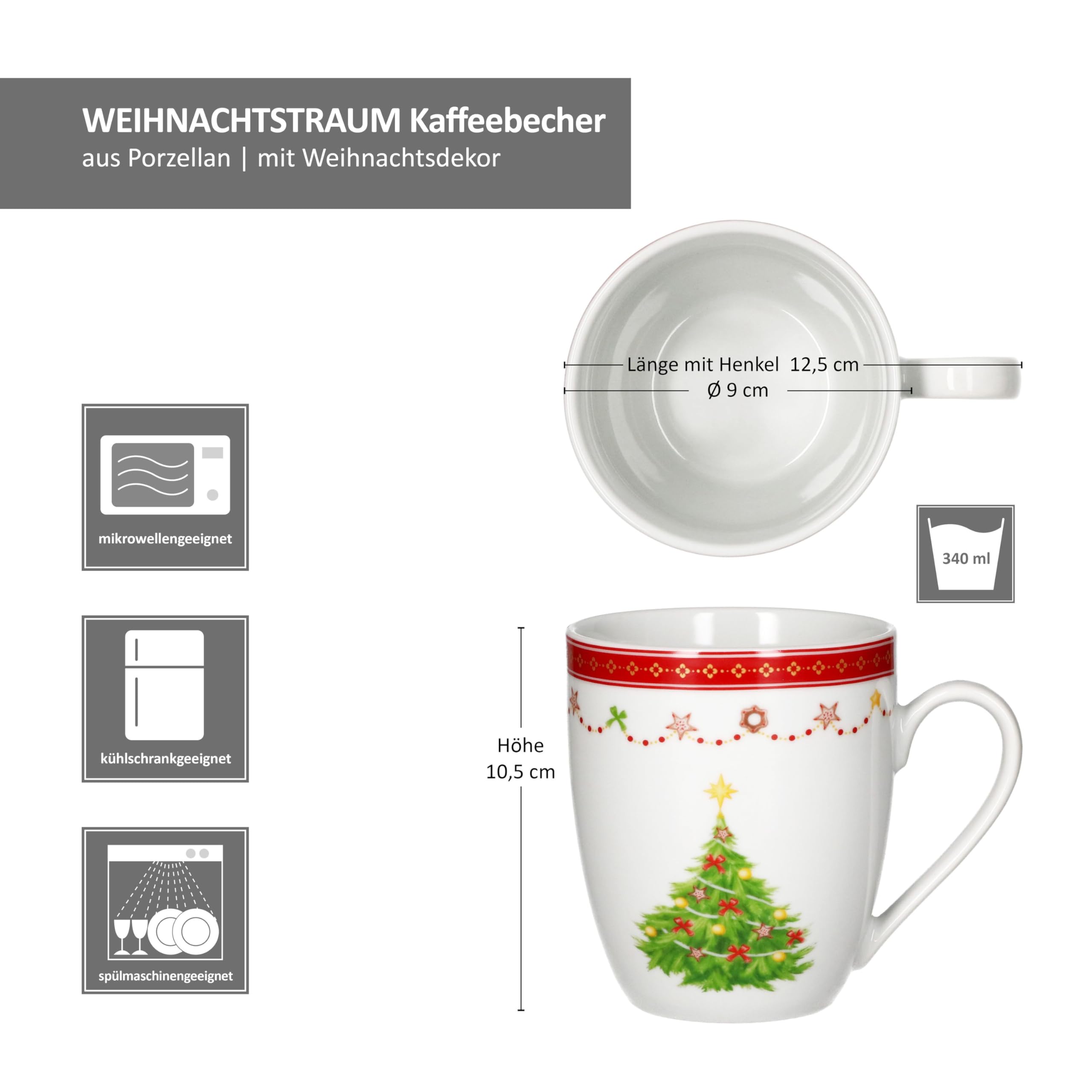 MamboCat Weihnachtstraum 12tlg Frühstücksset I Je 6x kleine Frühstücksteller & Kaffeebecher 340ml für 6 Personen mit Weihnachtsdekor I Porzellan-Geschirr für Weihnachten, Advent & Nikolaus