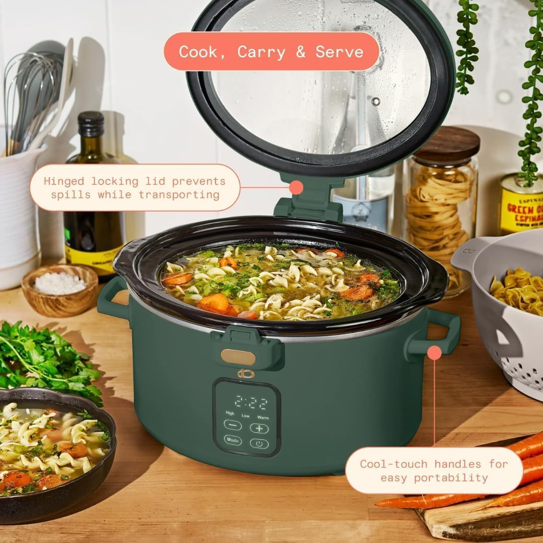 4 Qt Programmable Slow Cooker with Hinged Locking Lid, Digital Touch Controls, Removable Stoneware, Electric Countertop Cooker (Thyme Green)