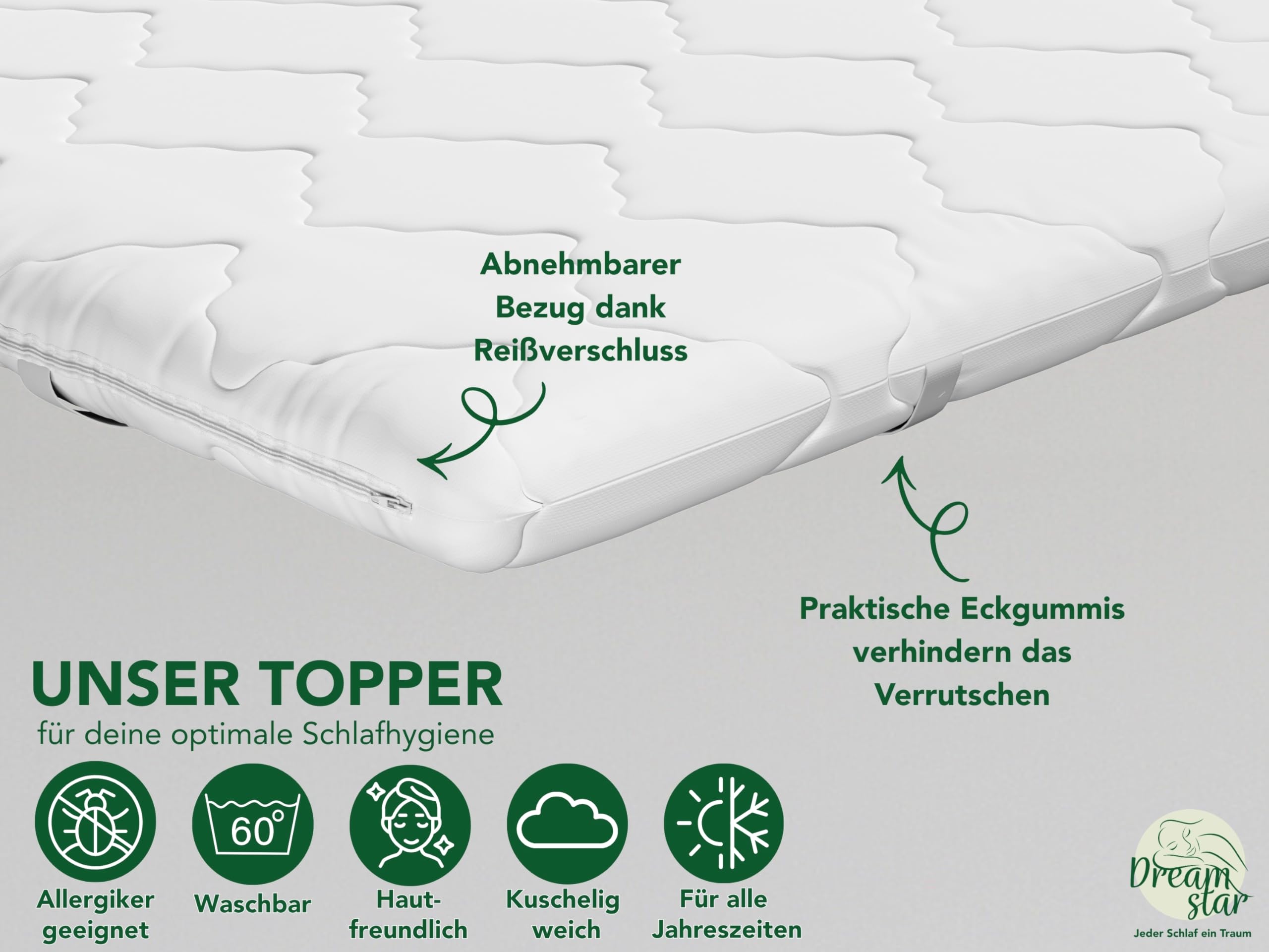 DREAMSTAR Matratzen Topper 140x200cm fest | Good Night Matratzentopper 6cm hoch | Öko-TEX® Zertifiziert & ergonomisch für Boxspringbett, Wohnwagen | rutschfest durch Bänder zur Befestigung - 4