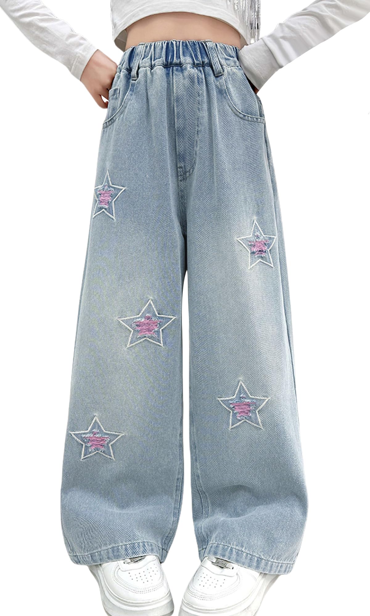 Zerrissene Jeans Mädchen Weite Bein Jeans Y2K Vintage Style Denim Hose Kinder Baggy Straight Jeanshosen
