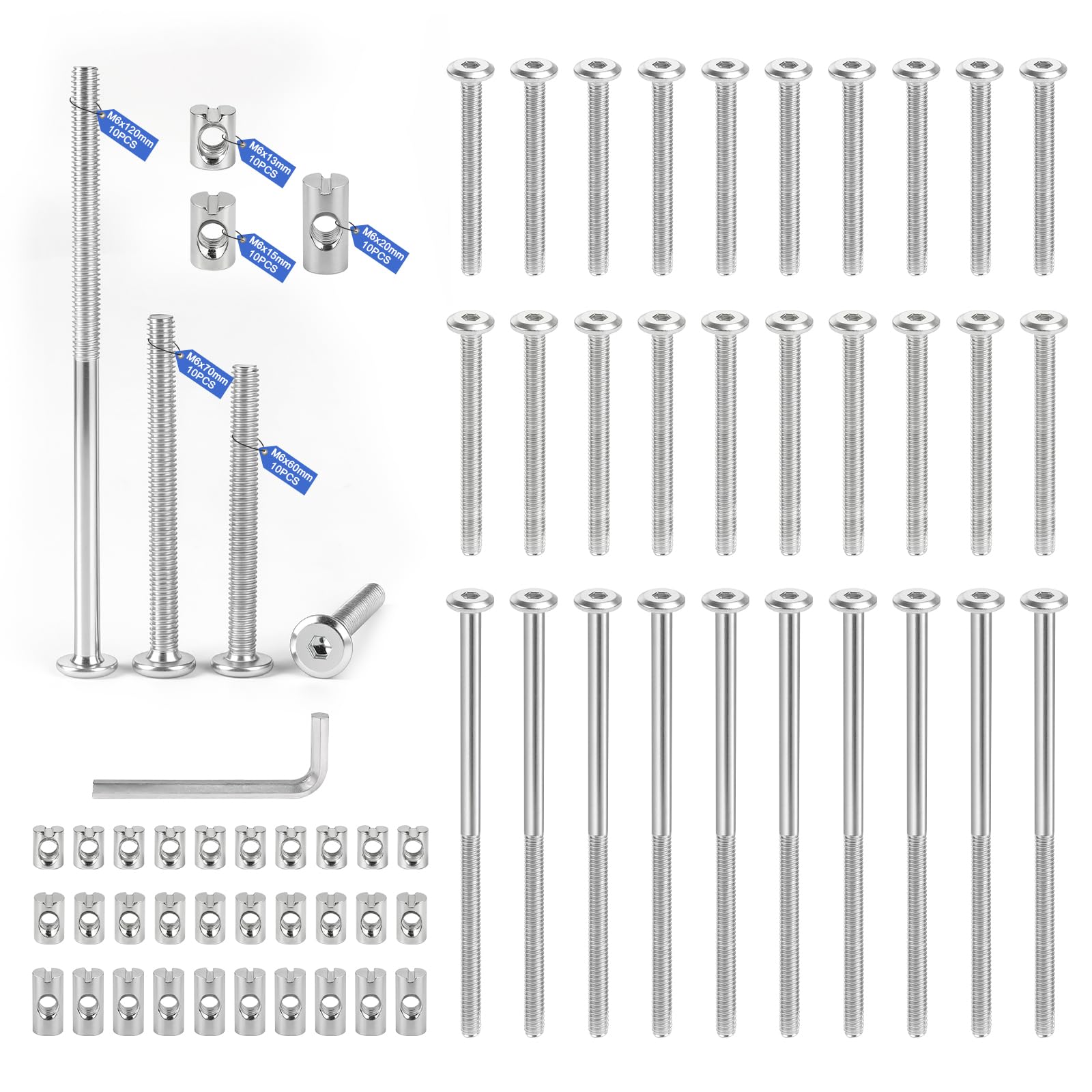 Kit de 60 tornillos para muebles con tuercas cilíndricas (Set B) incluye tuercas simétricas transversales M6x13/15/20mm y tornillos M6x60/70/120mm (10 cada) Tornillos casquillo para bricolaje