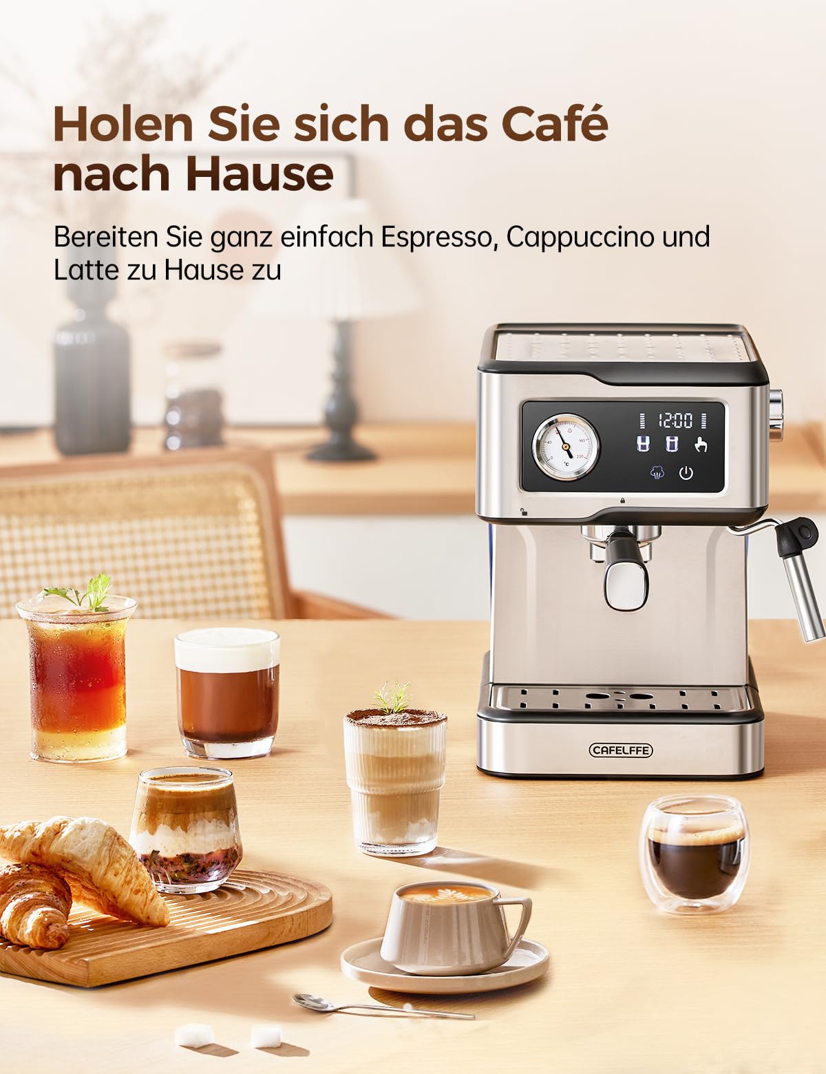 CAFELFFE Cafetera espresso MK-901 con espumador y vaporizador de leche, portafiltro, 20 bares de presión y pantalla táctil LED, ideal para el barista casero o para preparar lattes y cappuccinos.