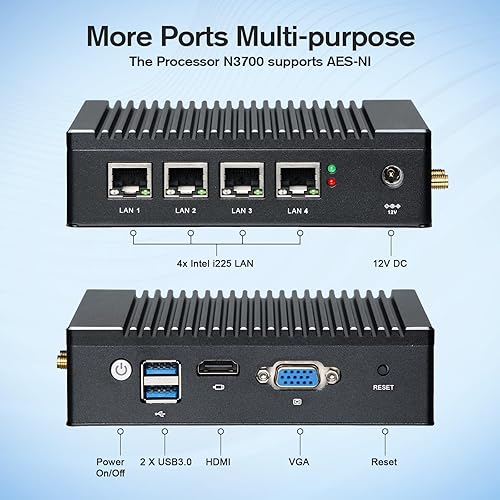 Miniatura 4 de Dispositivo de cortafuegos sin ventilador Intel N3700N3710 4C4T, cortafuegos Mini PC 4 puertos LAN Intel i225i226 DDR3 SSD, enrutador suave de