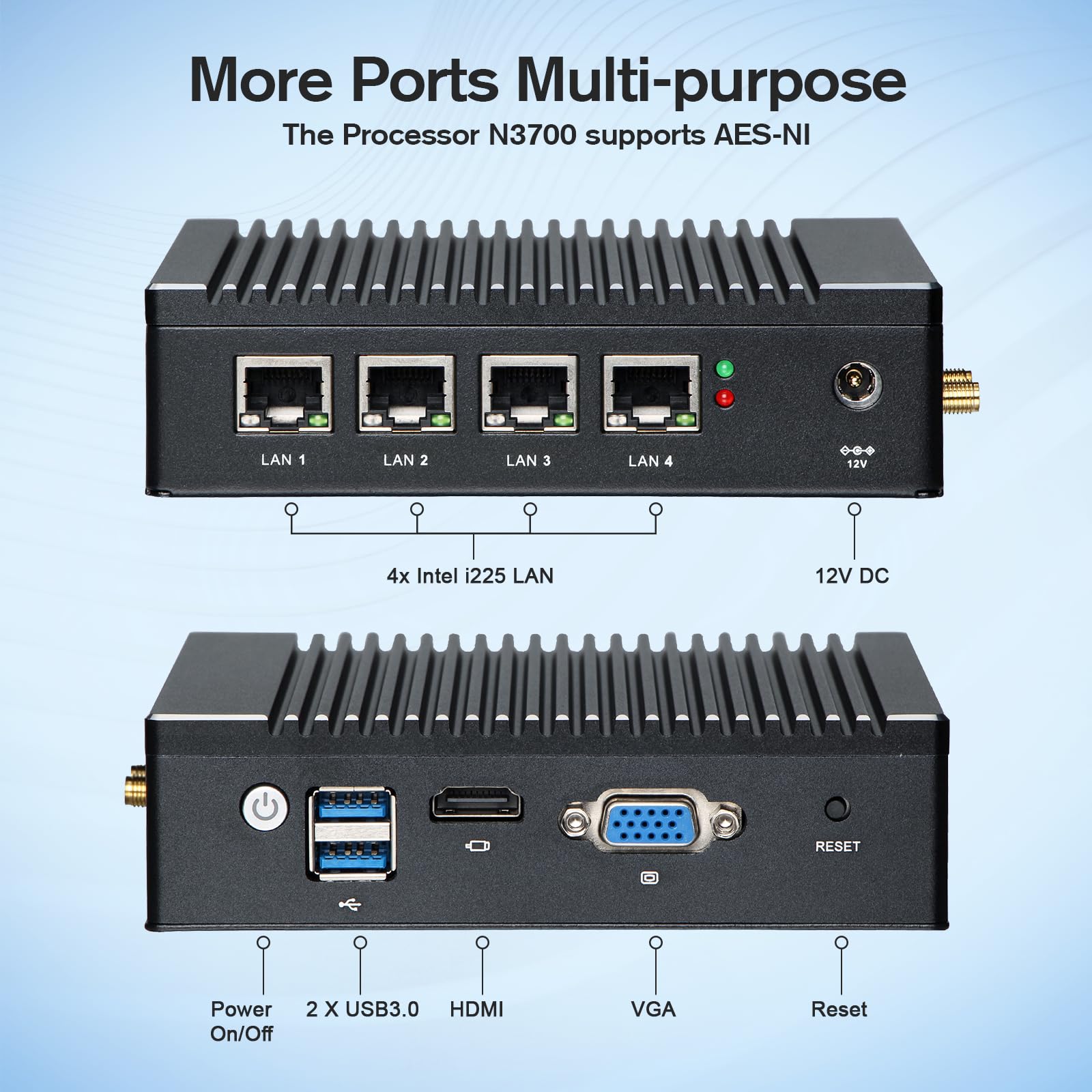 VNOPN Fanless Firewall Appliance Intel J3710 4C/4T, Firewall Mini PC 4 x Intel i226 LAN Ports DDR3 mSATA SSD, Network Gateway Soft Router, Support P-F-Sense AES NI HD/VGA/Wi-Fi (): 8G 128G