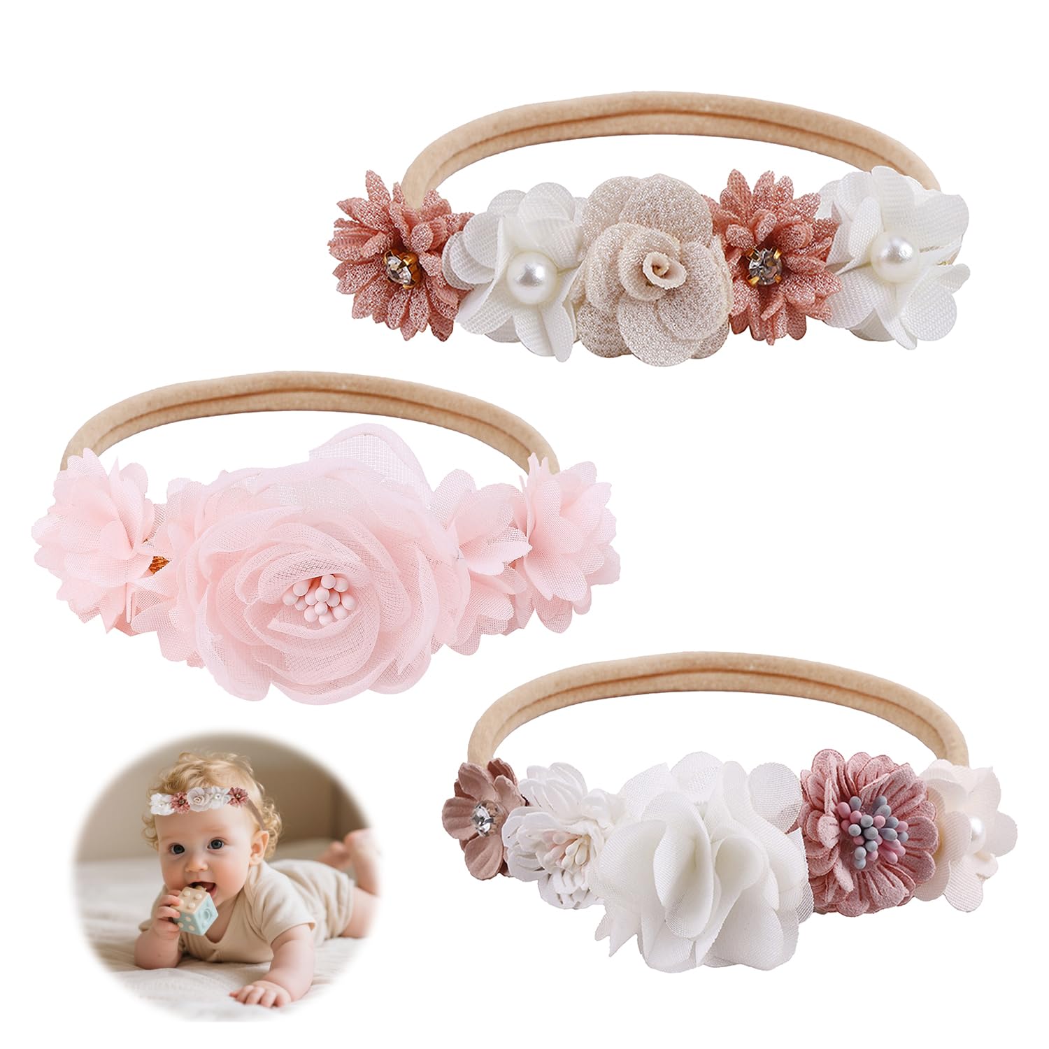 3 Stücke Baby Haarband, Weiche Baby Mädchen Stirnbänder Zarte Blume Elastisches Haarband Niedlich Floral Haarbänder Dünne mit Blumen Perle Für Party Hochzeit Taufe Familienfoto Geschenke und Partys