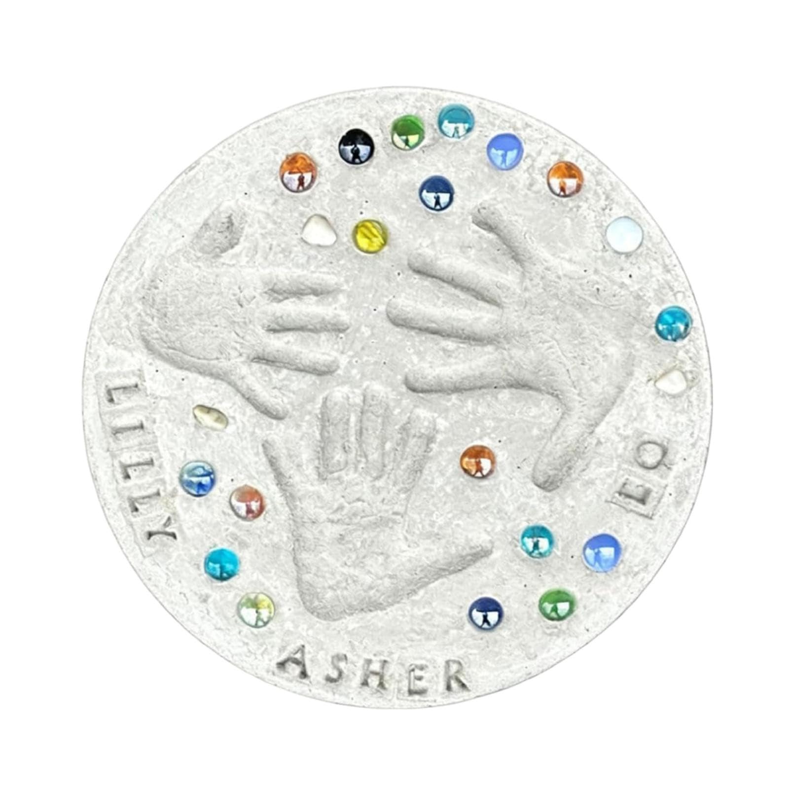 Runder Trittstein aus Beton selber machen, Komplettset für Hochzeit & Geburtstag, inkl. Buchstabenstempel & Glassteine (35cm)