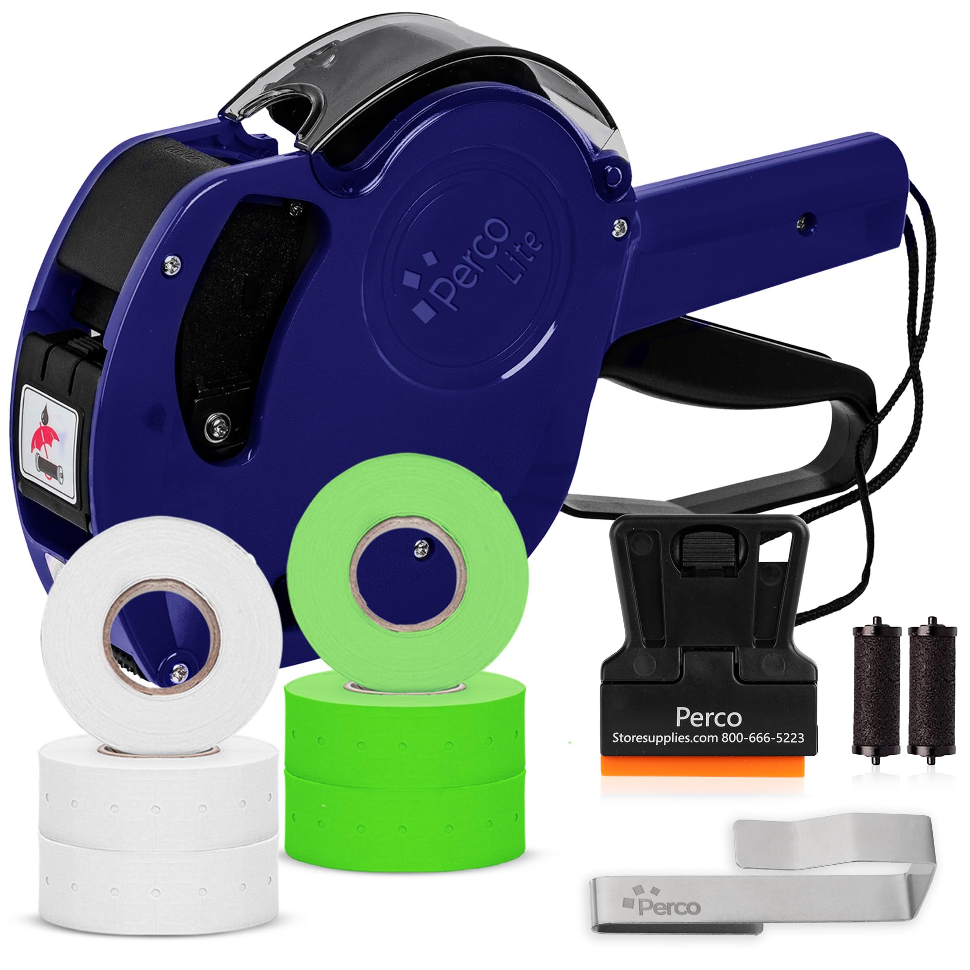 Perco Lite 1 Line Price Gun with Labels Kit - Includes 3 White Rolls, 1 Gun Clip, 3 Fluorescent Green Rolls, 2 Ink Rollers, 1 Ink roll and Labels