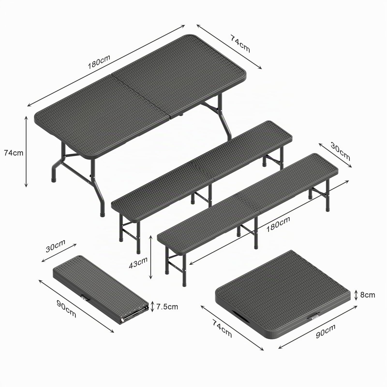 JUMMICO Set da Esterno 3 Pezzi Tavolo Giardino Pieghevole Effetto Rattan HDPE 300kg per Campeggio BBQ
