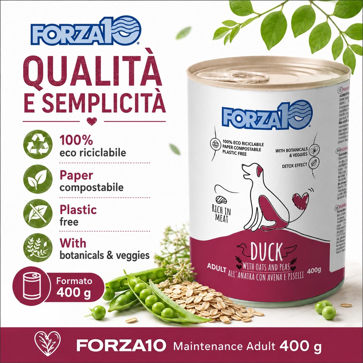Anatra,Avena e Piselli – Forza10 Cibo Umido per Cani Adulti di tutte le Taglie e Razze, Monoproteico, 12 Lattine x 400g, Alimento Completo Ricco in Carne.