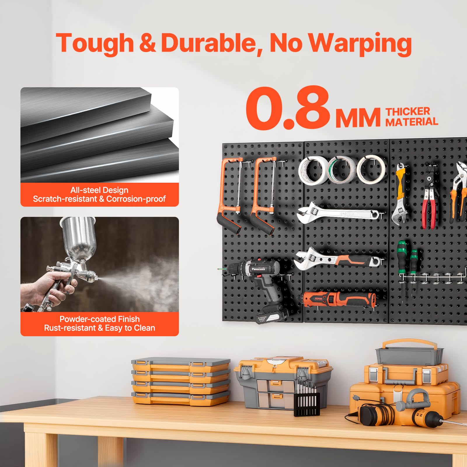 VEVOR Pannello Forato da Muro 609,6x304,8 mm Organizzatore per Garage in Metallo da Parete con 3 Pannelli Forati, Kit per Organizzazione Attrezzi per Ufficio, Studio Artigianale, Cucina, Casa, Nero