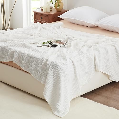 Miniatura 1 de Love's cabin Manta de muselina de algodón de 6 capas, 100 x 80 pulgadas, manta de muselina tamaño King para cama, sofá, manta de muselina blanca