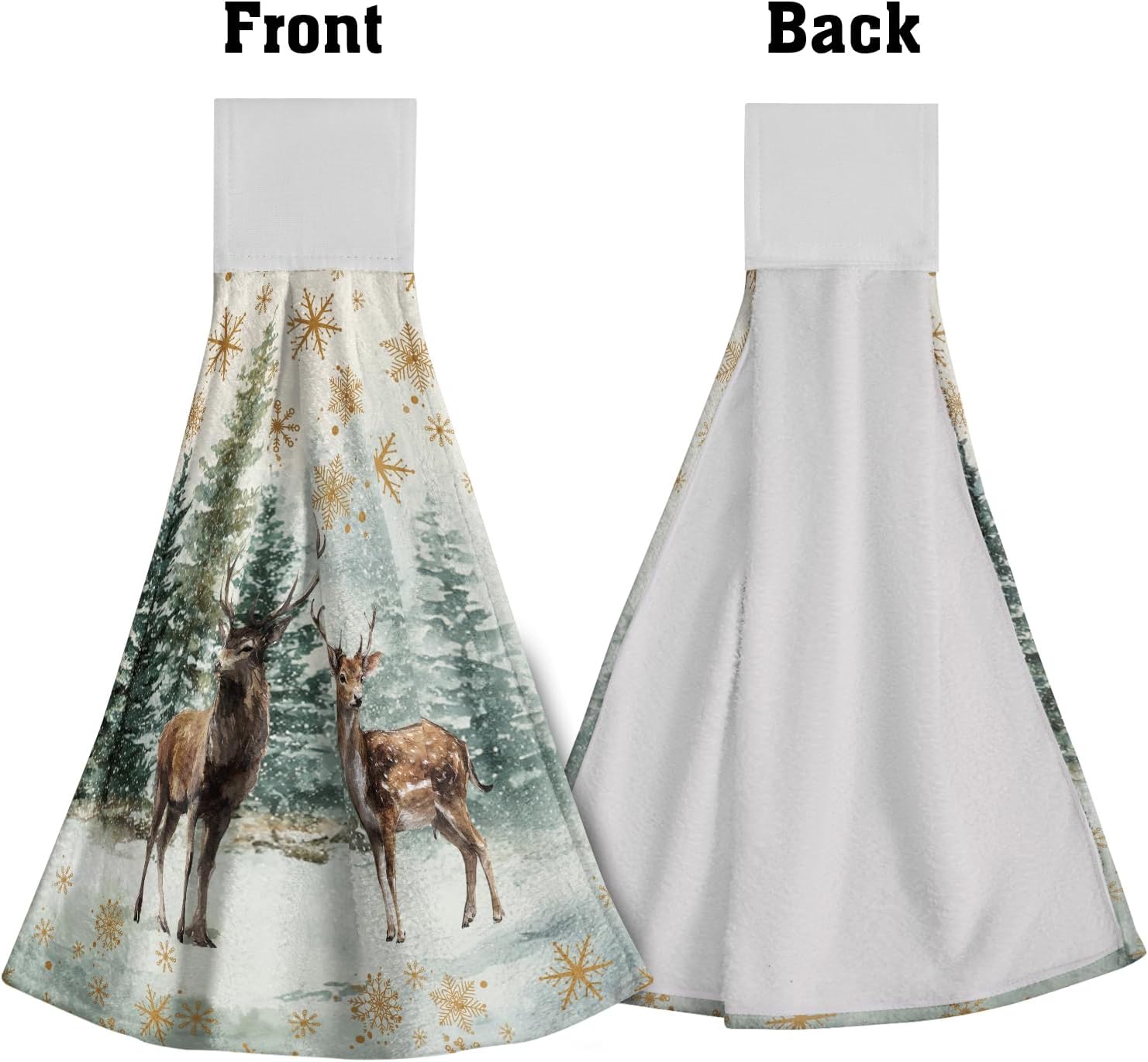 Giwawa Winter Deers Kitchen Hand Towels Set of 2, Xmas Trees Gold Snowflakes Hanging Tie Towel, Elk Moose Wildlife Dish Tea Bar Loop Hook Towel Washcloth for Bathroom Laundry Room Decor - Image 3