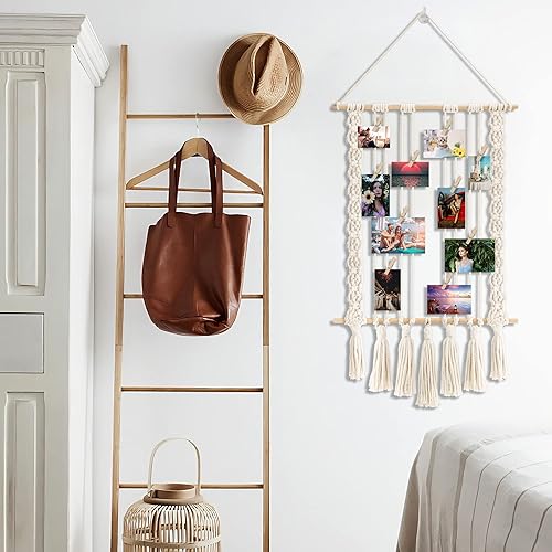 Miniatura 5 de FEBSNOW Exhibición de fotos colgante de macramé para colgar en la pared organizador de tarjetas marco de collage de marco bohemio para decoración de