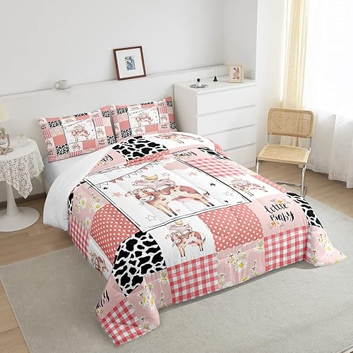 Miniatura 4 de Juego de ropa de cama con estampado de vaca, juego de edredón de vaca de dibujos animados, tamaño individual, decoración de edredón de retazos