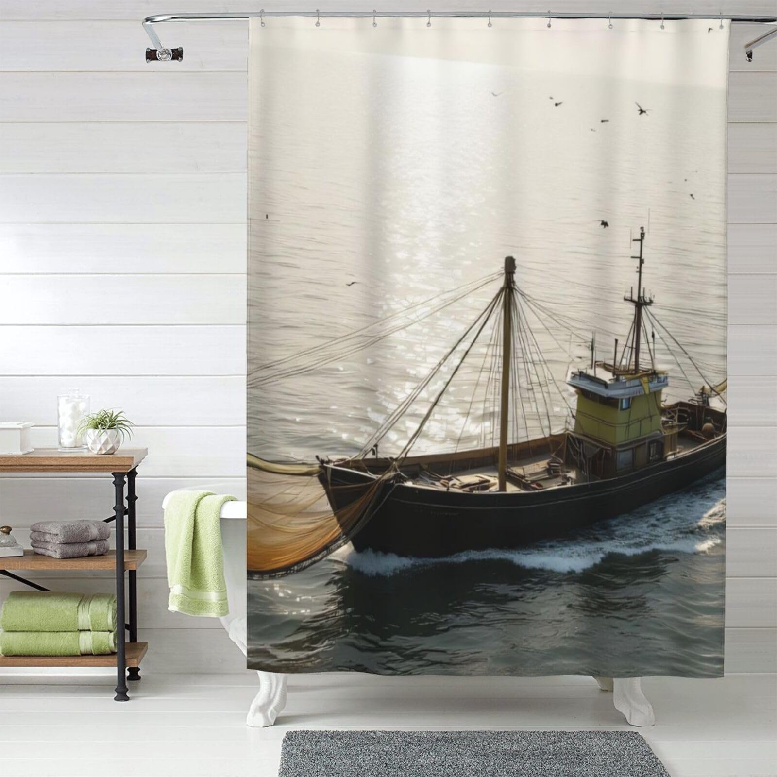 Rideau de douche tissu 152x183 cm bateau pêche opaque