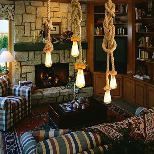 Miniatura 6 de CTKcom 2 cabezales vintage (1.5+4.9 ft) lámpara colgante de cuerda de cáñamo E26E27, luz colgante de cuerda de cáñamo retro, lámpara de techo