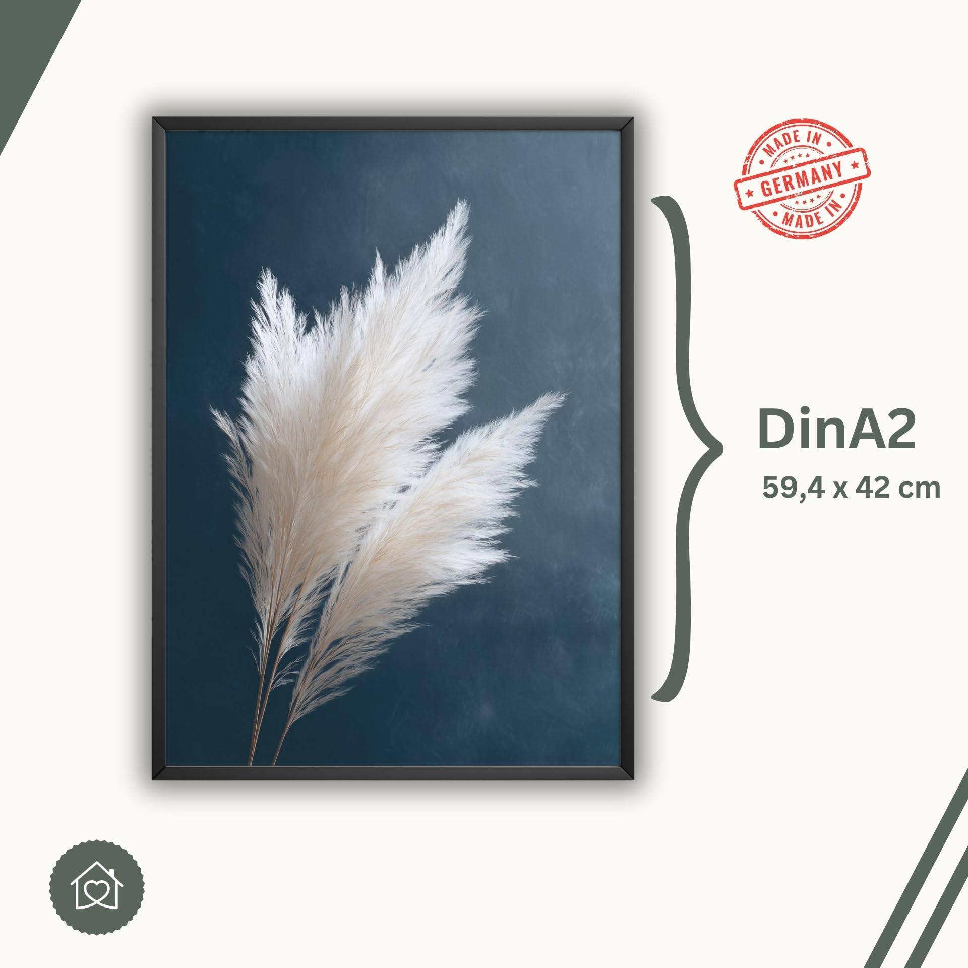 MJ-GRAPHICS® Poster Set Dunkelblau Pampasgras 2x A2 cm mit Rahmen Boho Wandbilder Kunstdrucke modern Bilder Set Wohnzimmer Schlafzimmer Deko Beige Blau Pflanzen