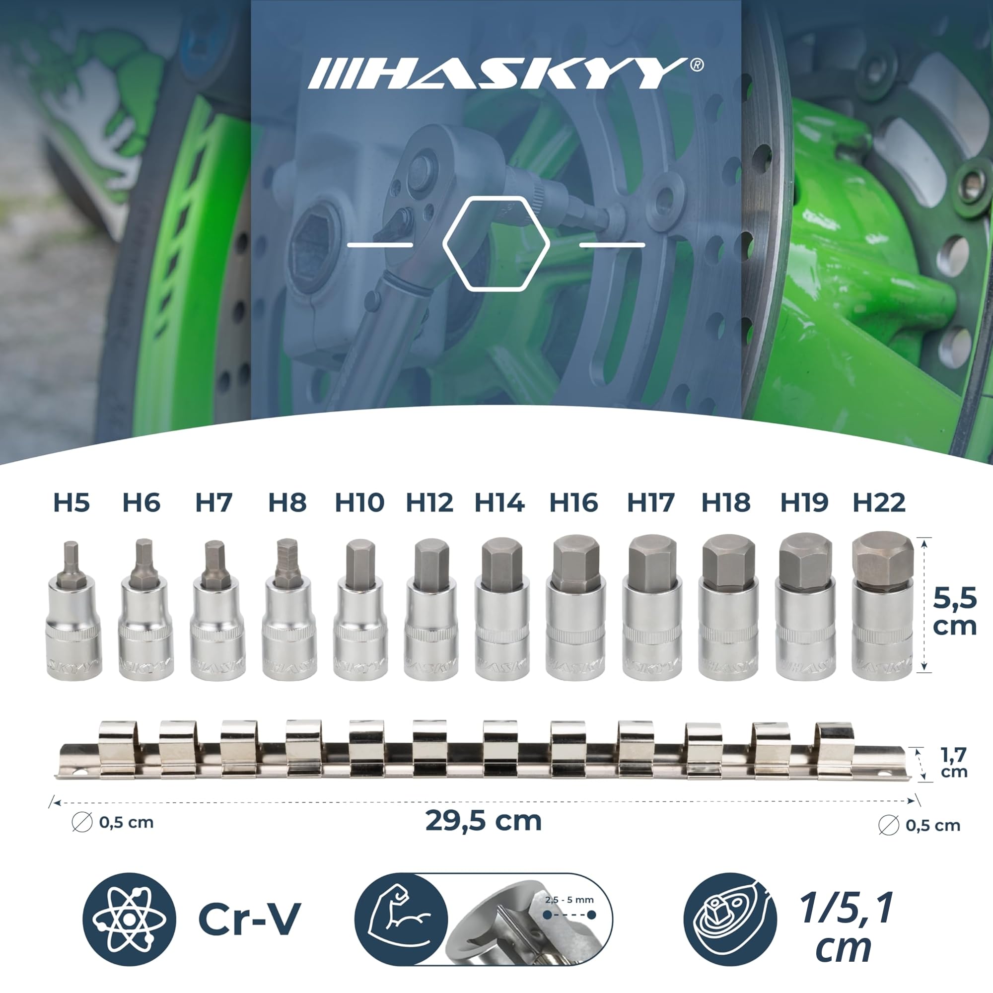 HASKYY Jeu de douilles à six pans creux 1/2" 12 pièces 5-22 mm Douilles hexagonales Jeu de clés sur rail pour vis Allen