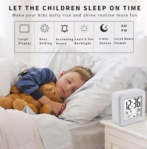 Miniatura 4 de Xlajiao Reloj despertador digital para niños con repetición y luz nocturna, hora de visualización, fecha, temperatura interior, escritorio a pilas