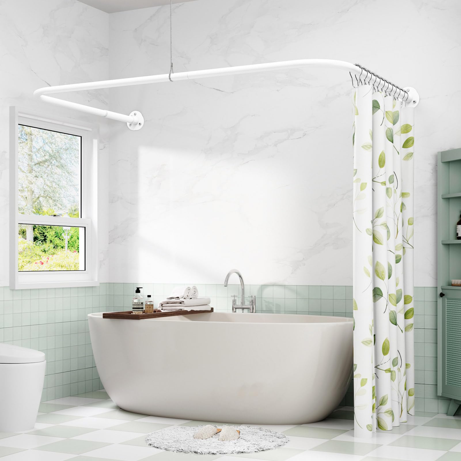 Duschvorhangstange U Form & L Form, (60-93) X (77-197) X (60-93) CM Verstellbare Duschstange U Form mit 12 Vorhangringen und Deckenstütze für Badewanne/Dusche, Bohren Erforderlich - Weiß