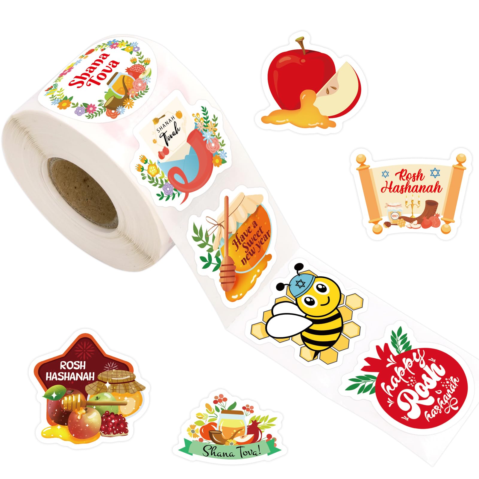 Fancy Land Rosh Hashanah Stickers for Kids Roll 500 Pcs Jewish New Year Shana Tova Decals for Gifts Crafts Party Decorations