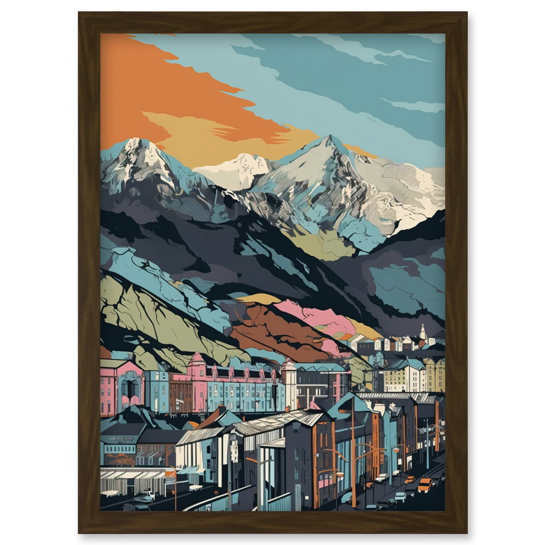 Artery8 Cityscape Under Rocky Mountain Range Modern Artwork Framed Wall Art Print A4
