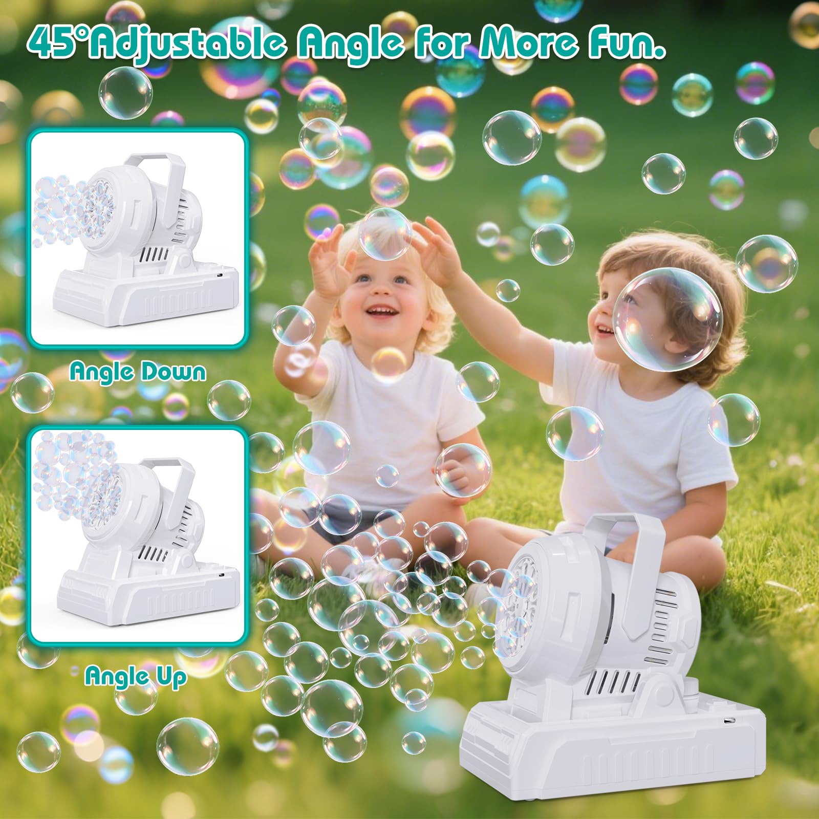 Babuloo Bubble Machine Adjustable Angle, 10 Big Holes Automatic Bubble Making Toy for Kids 20000+ Big Bubbles with Solution/Lights, Portable Outdoor Bubble Blower for Garden Party Wedding-White - Image 4