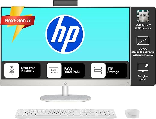 HP Next Gen AI AIO, AMD Ryzen AI 7 350, 50 Tops,(16GB DDR5,1TB SSD) IPS, 300 nits, Anti-Glare, 27inch(68.6cm) FHD, Win 11,...