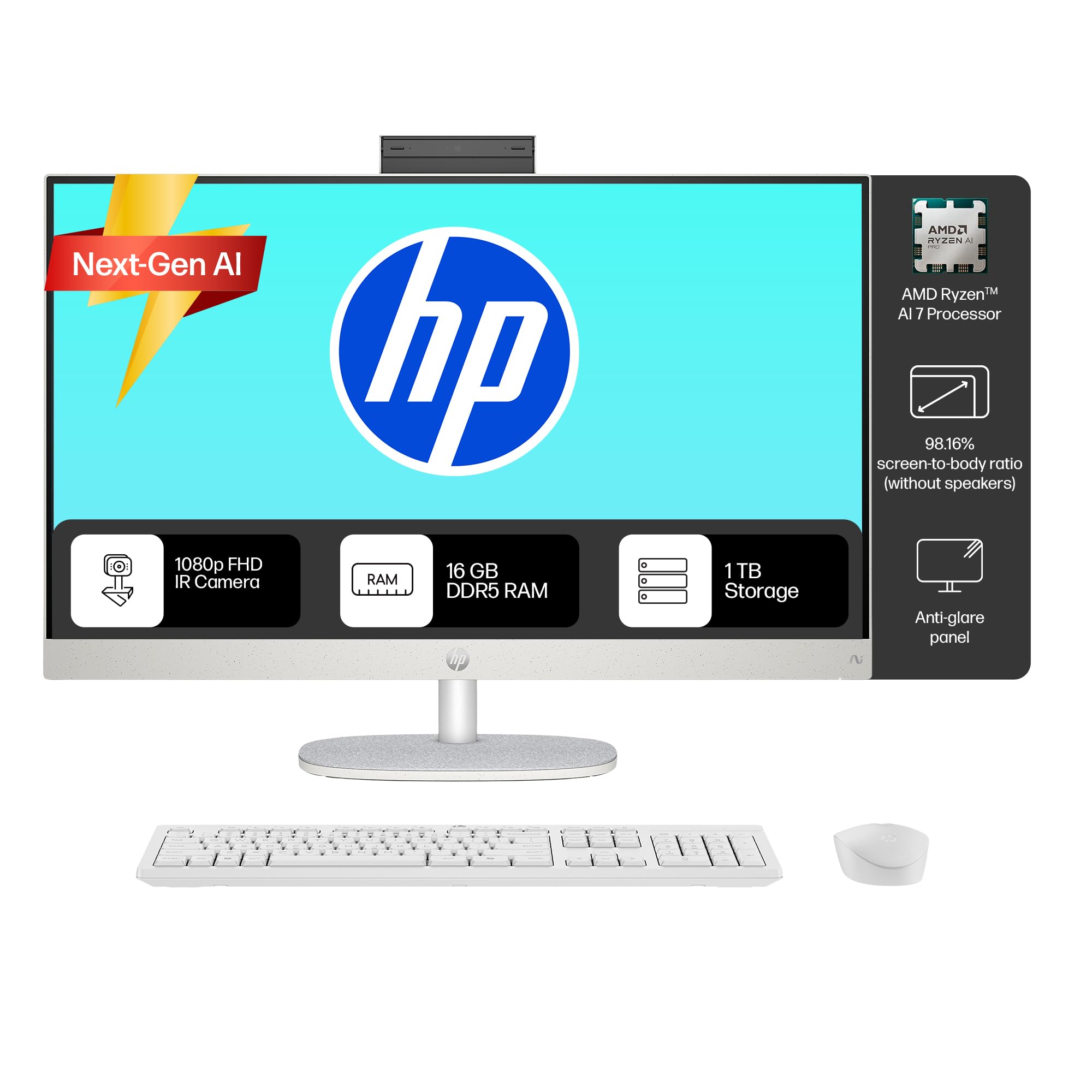 HP Next Gen AI AIO, AMD Ryzen AI 7 350, 50 Tops,(16GB DDR5,1TB SSD) IPS, 300 nits, Anti-Glare, 27inch(68.6cm) FHD, Win 11, Office24, Shell White, 11.9kg, FHD Camera w/Privacy shuttter, 27-ct2073in