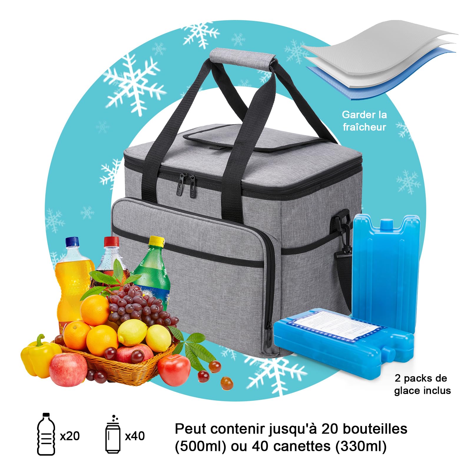 ALLCAMP Sac Isotherme Pliable 30 L avec 2 Blocs Réfrigérants, Gris | Jusqu'à 24h de fraîcheur, ouverture d'accès, doublure thermosoudée étanche, renforts latéraux pliables, entretien facile