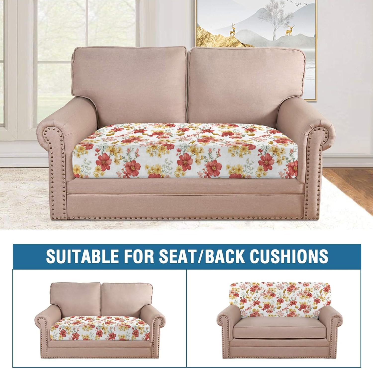 Easter Floral Art Loveseat Covers Couch Covers for 2 Cushion Couch, 2-Piece Stretch Sofa Slipcovers Anti-Slip Washable Furniture Protectors for Dogs Pets