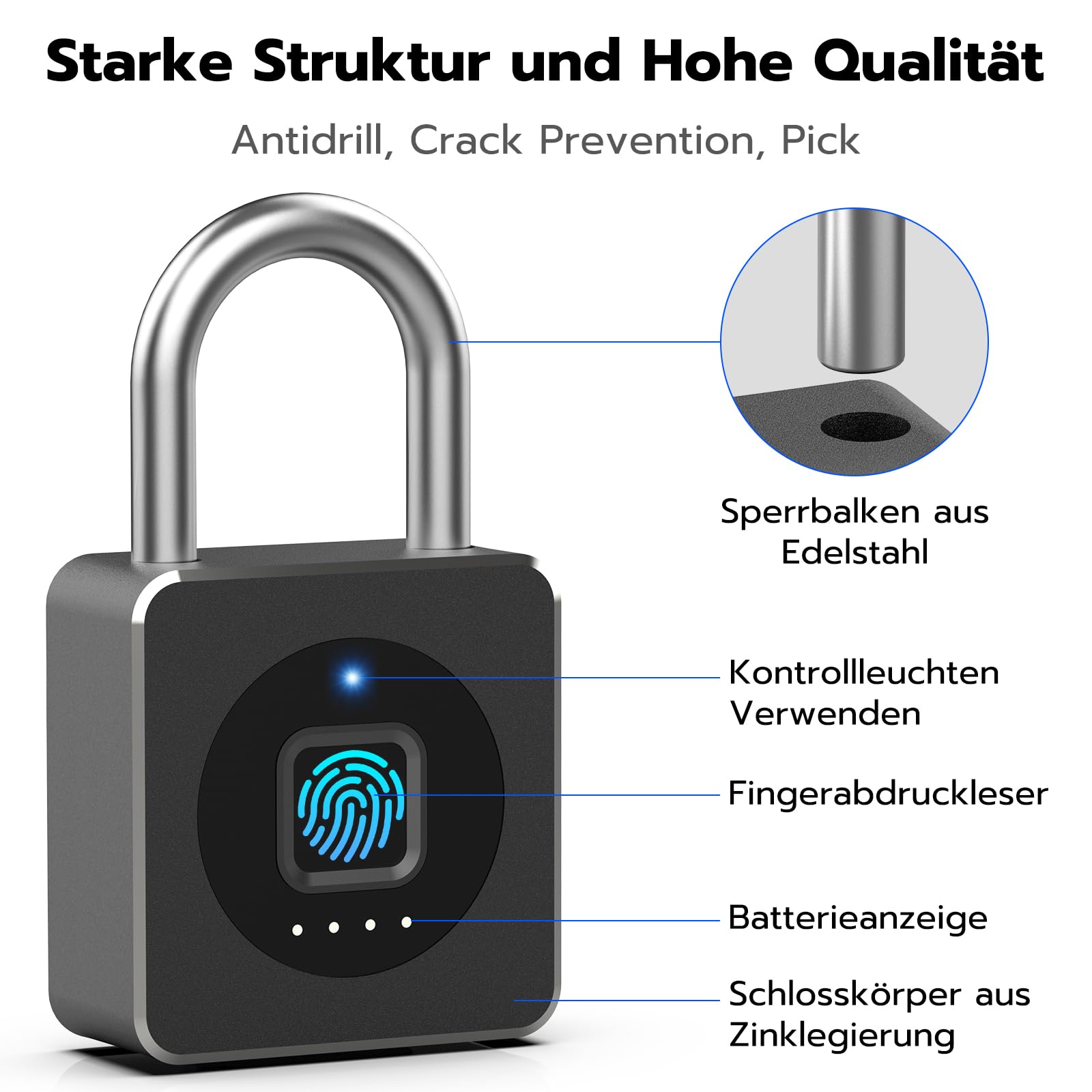 Eseesmart Vorhängeschloss Fingerabdruck, Schloss mit Fingerabdruck Bluetooth APP, Wasserdicht Padlock with fingerprint für Fitnessstudio Gepäck Lagerhäuser Frachtauto Garage Spind
