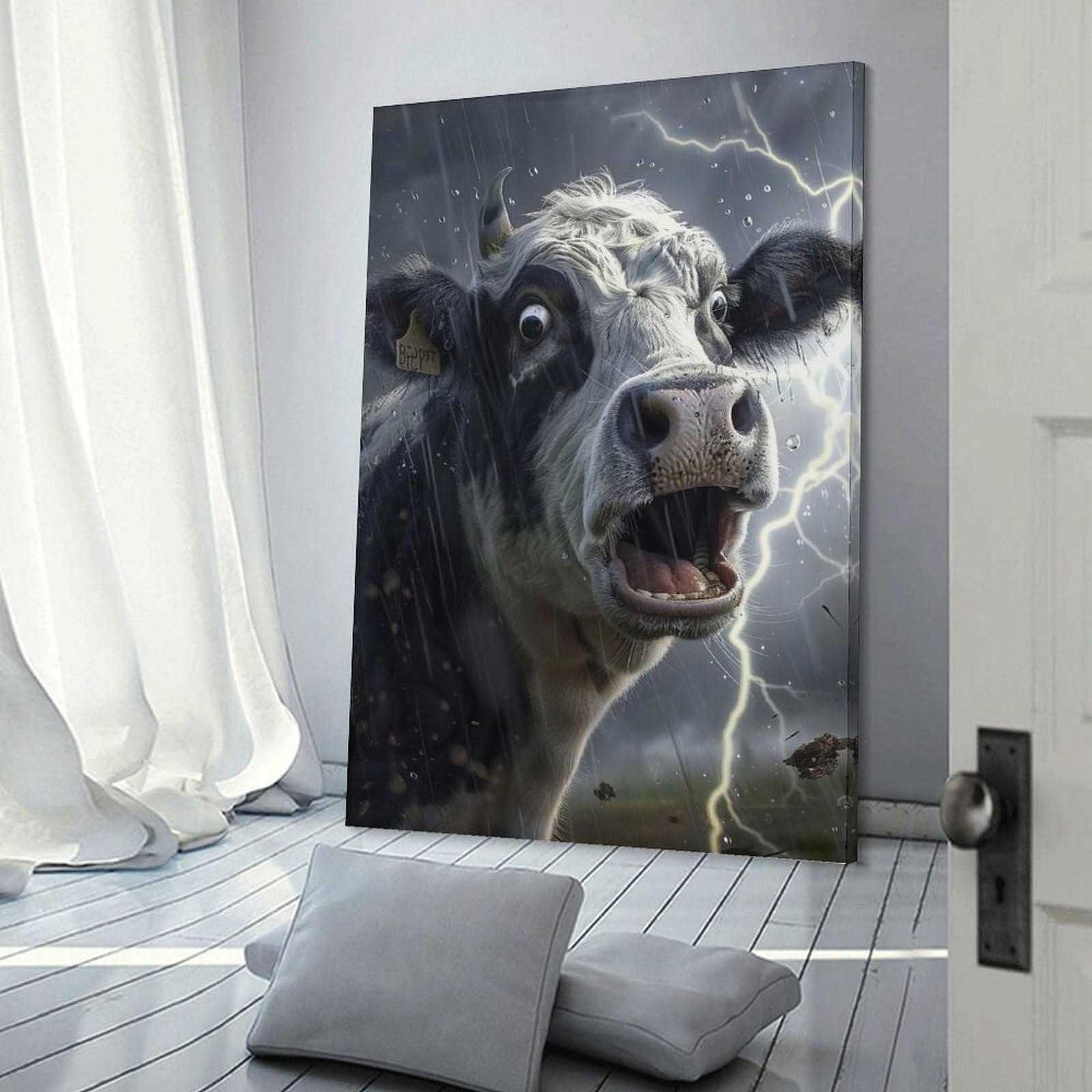 Junmoney Cow Lightning Wall Picture Print 16x24inch(40x60cm), for Corridors, Hallways Or Apartment Entries, Decorative Canvas Styling for Entry Areas