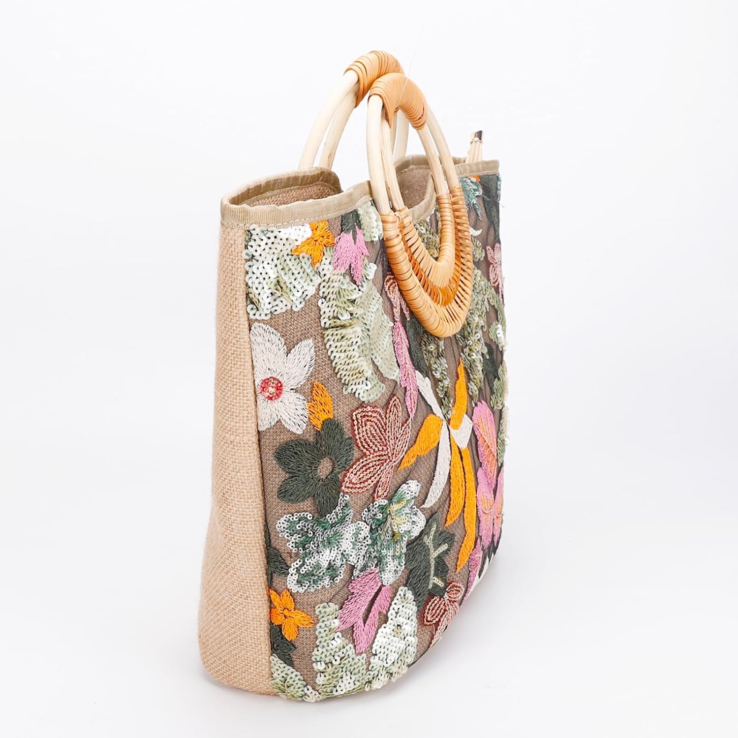 Tote Bag for Women, Beach Bag, Sequin Embroidery Straw Bag, Hand-Woven Rounded Bamboo Handle, Bohemian Handbag Large Capacity Shoulder Bag Suitable for Travel Daily(Green) - Image 9