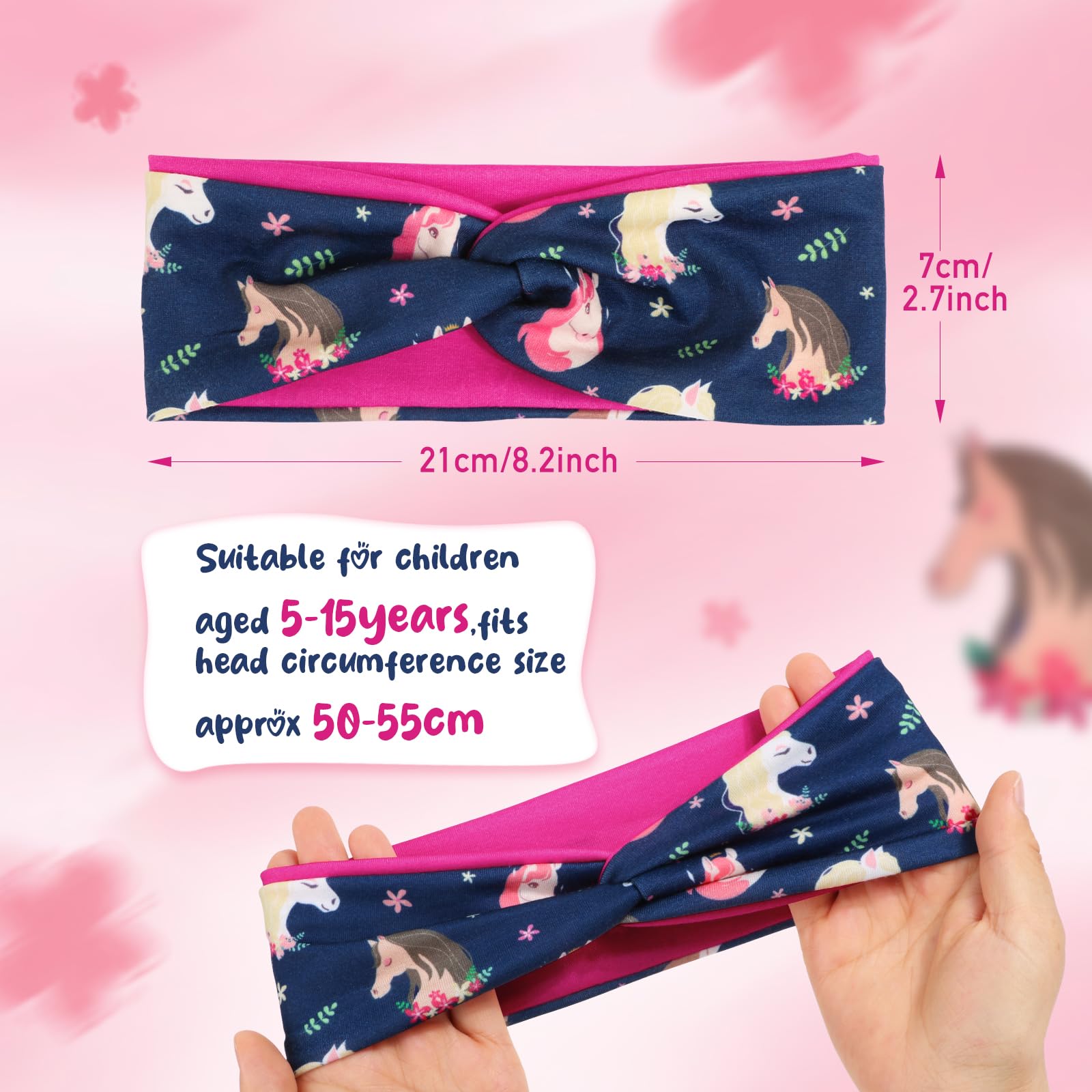 UNISUNSG 3 Stücke Mädchen Stirnbänder mit Knoten Pferde Muster Haarband Elastisches Kopfband Mädchen Geschenk für Sport Makeup - 2