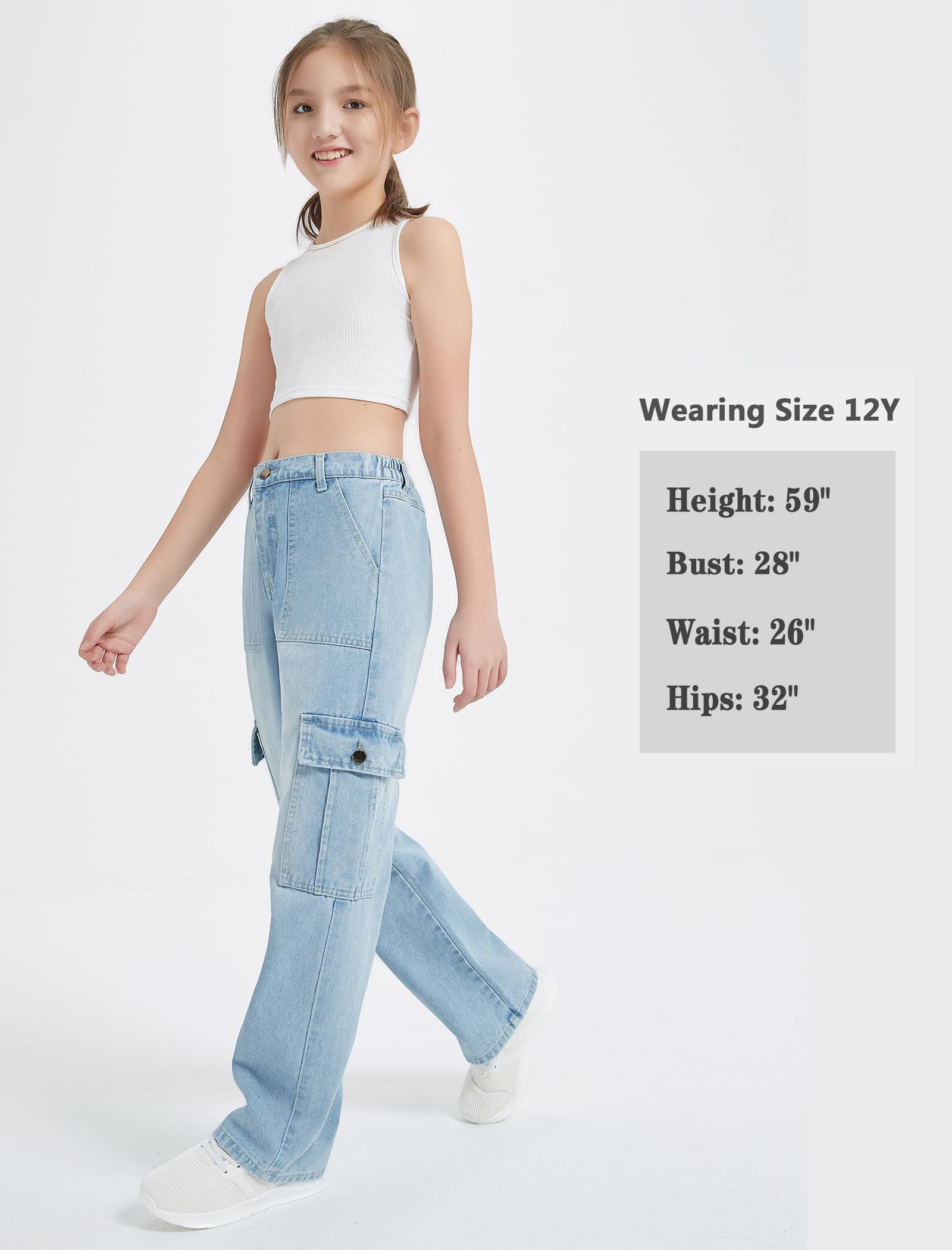 EXARUS Mädchen-Jeans, Cargohose, weites Bein, Denim, gerade, lockere Hose, Tween, hoher elastischer Bund mit Taschen, Jugendliche, 8–14 Jahre