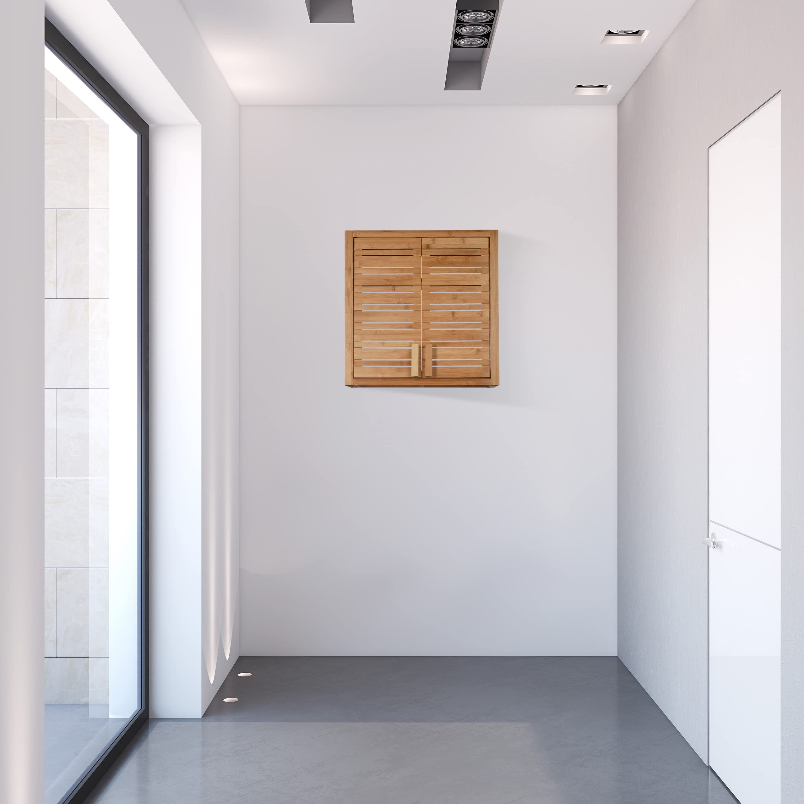 Relaxdays, Naturalna szafka ścienna z bambusa, 2 drzwi, półki wkładane z regulacją wysokości, kwadratowa szafka wisząca, wys. x szer. x gł.: 56,5 x 56 x 21 cm