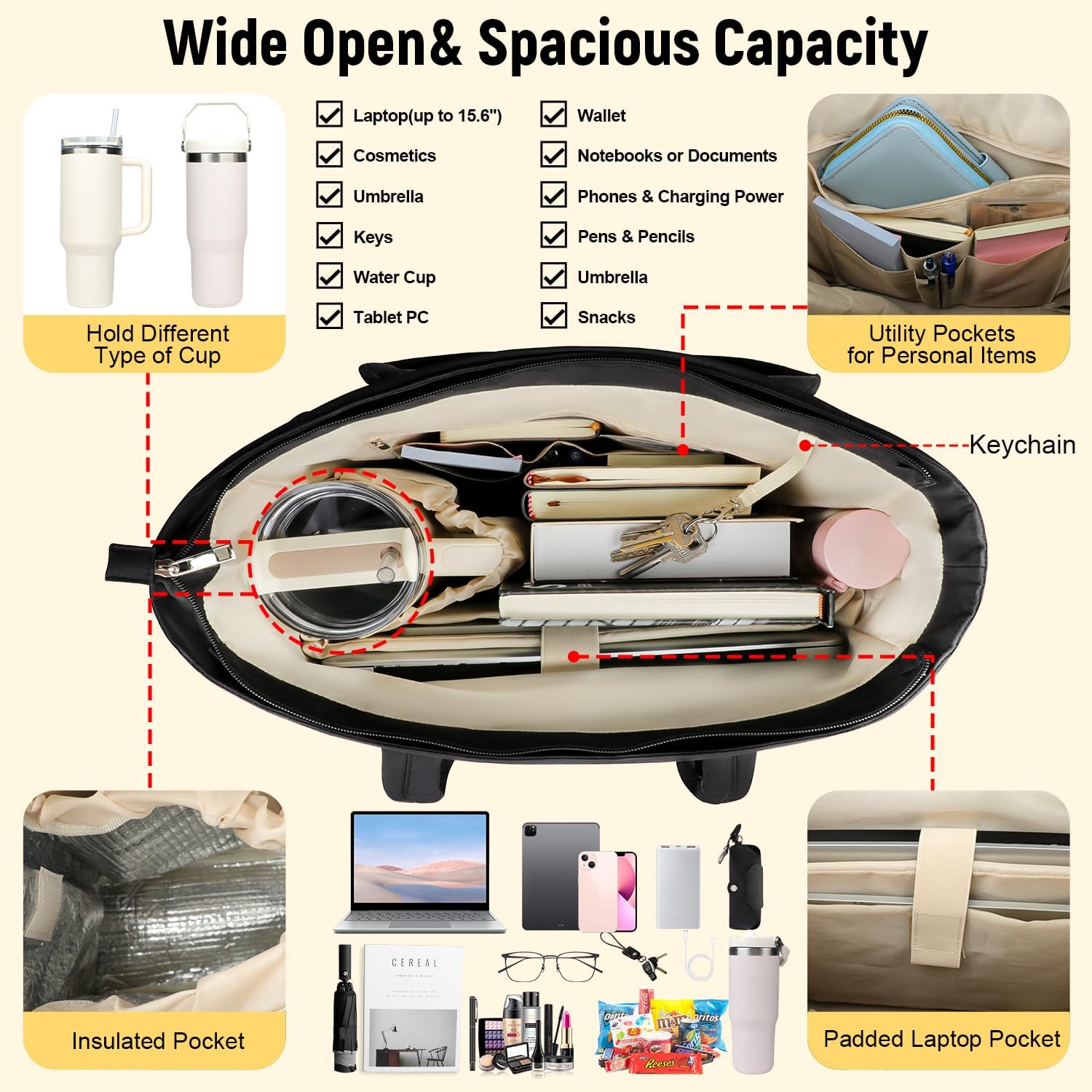 Puffer Tote Bag with Large Cup Holder& 15.6 Inch Laptop Compartment, Lightweight Puffy Work Bag with Water Bottle Pocket, Large Laptop Tote with Clutch Purse for Women Teacher Nurse (Black) - Image 4