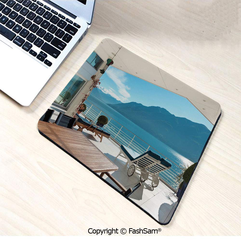 Personalized 3D Mouse Pad Terrace Penthouse Overlooking Lake Outside Deckchairs Tranquil Scene for Laptop Desktop(W7.8xL9.45)